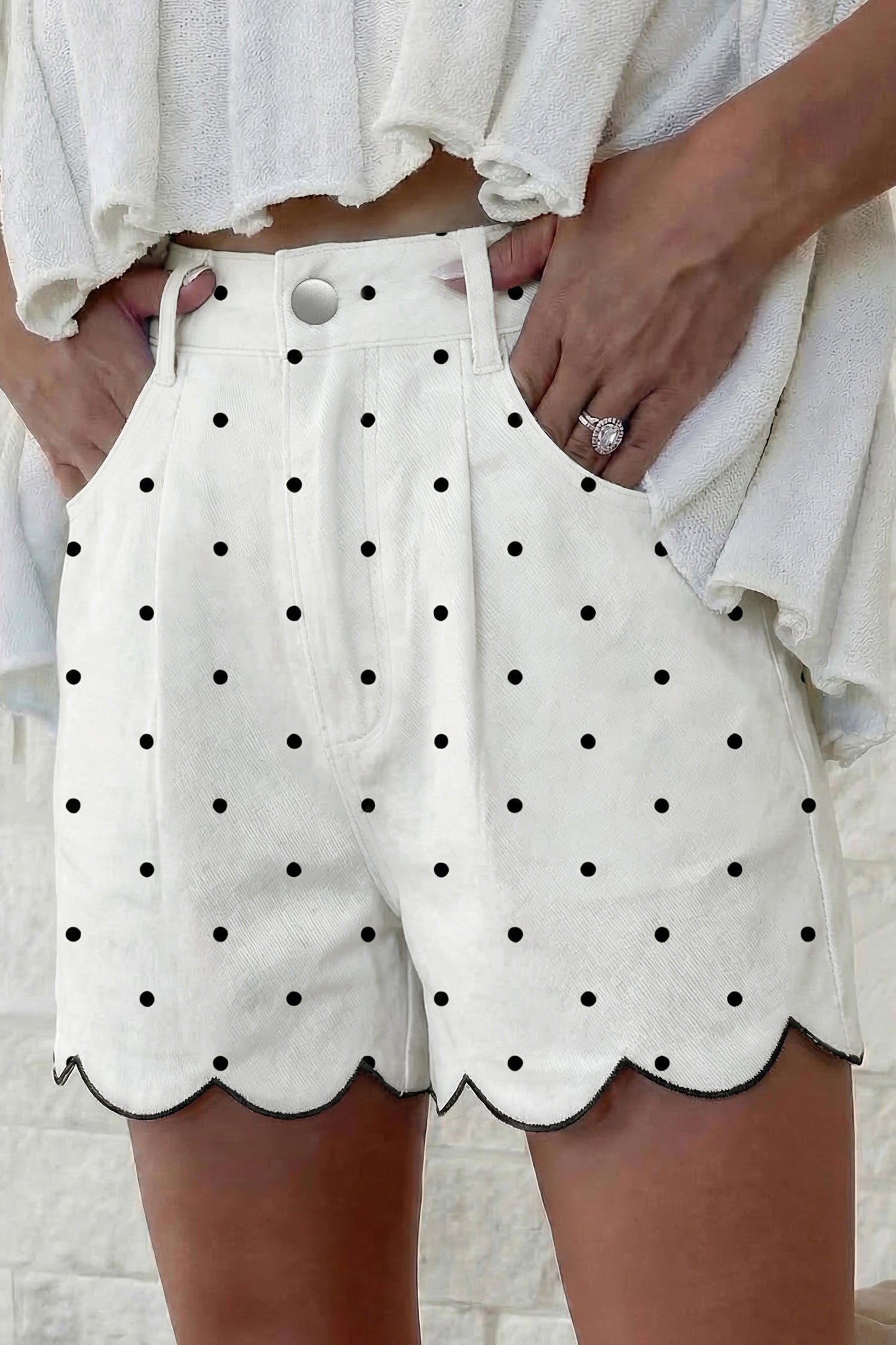 White Polka Dot Print Embroidered Scallop Hem Shorts-Bottoms/Casual Shorts-[Adult]-[Female]-2022 Online Blue Zone Planet