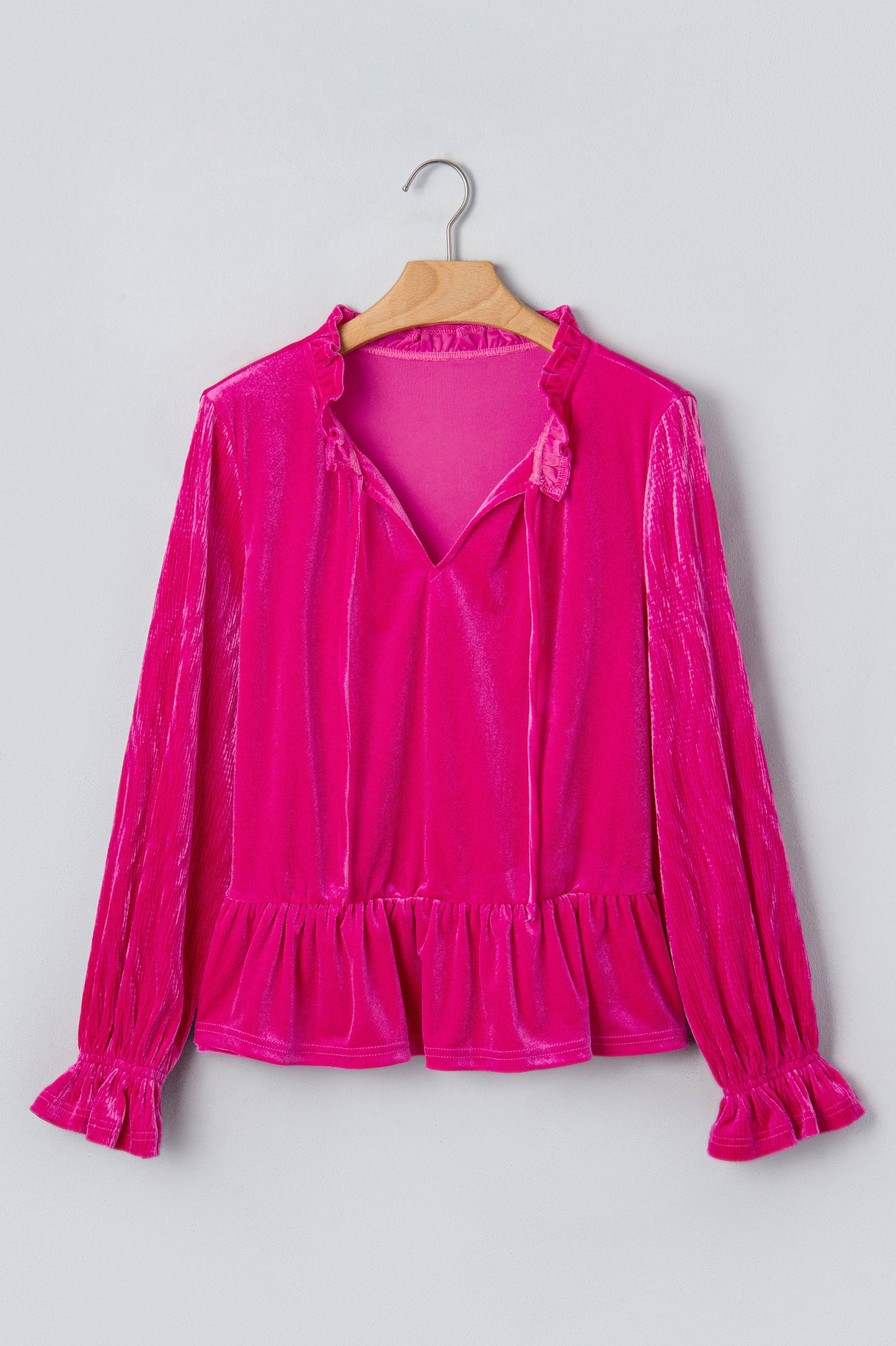 Strawberry Pink V Neck Velvet Ruffled Cuffs Hem Long Sleeve Top