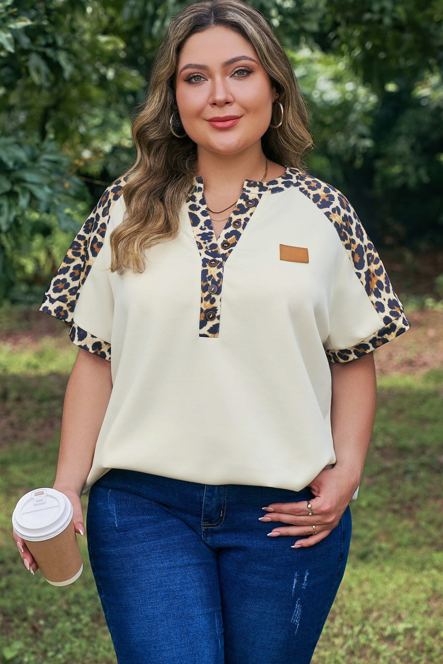 Beige Plus Size Leopard Contrast Patchwork Polo Tee-Plus Size/Plus Size Tops/Plus Size Tops & Tees-[Adult]-[Female]-2022 Online Blue Zone Planet