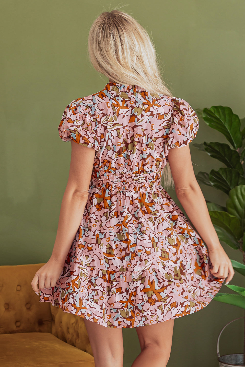 Pink Floral Print Puff Sleeve Shirred High Waist Mini Dress-TOPS / DRESSES-[Adult]-[Female]-2022 Online Blue Zone Planet