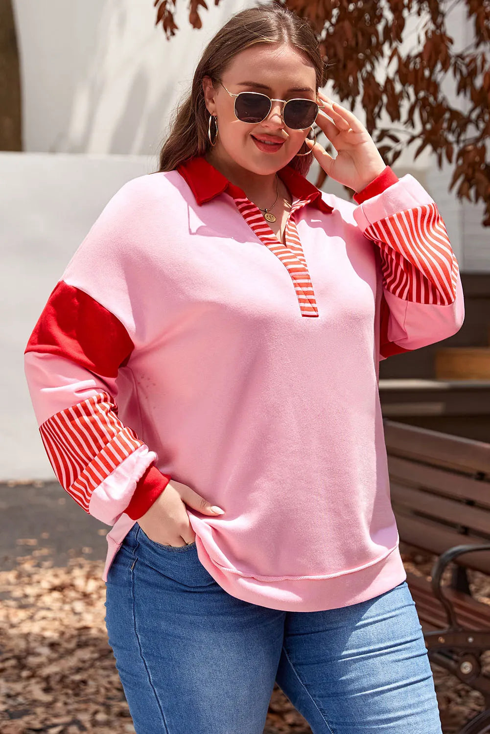 Plus Size Color Block Johnny Collar Long Sleeve Sweatshirt-TOPS / DRESSES-[Adult]-[Female]-2022 Online Blue Zone Planet