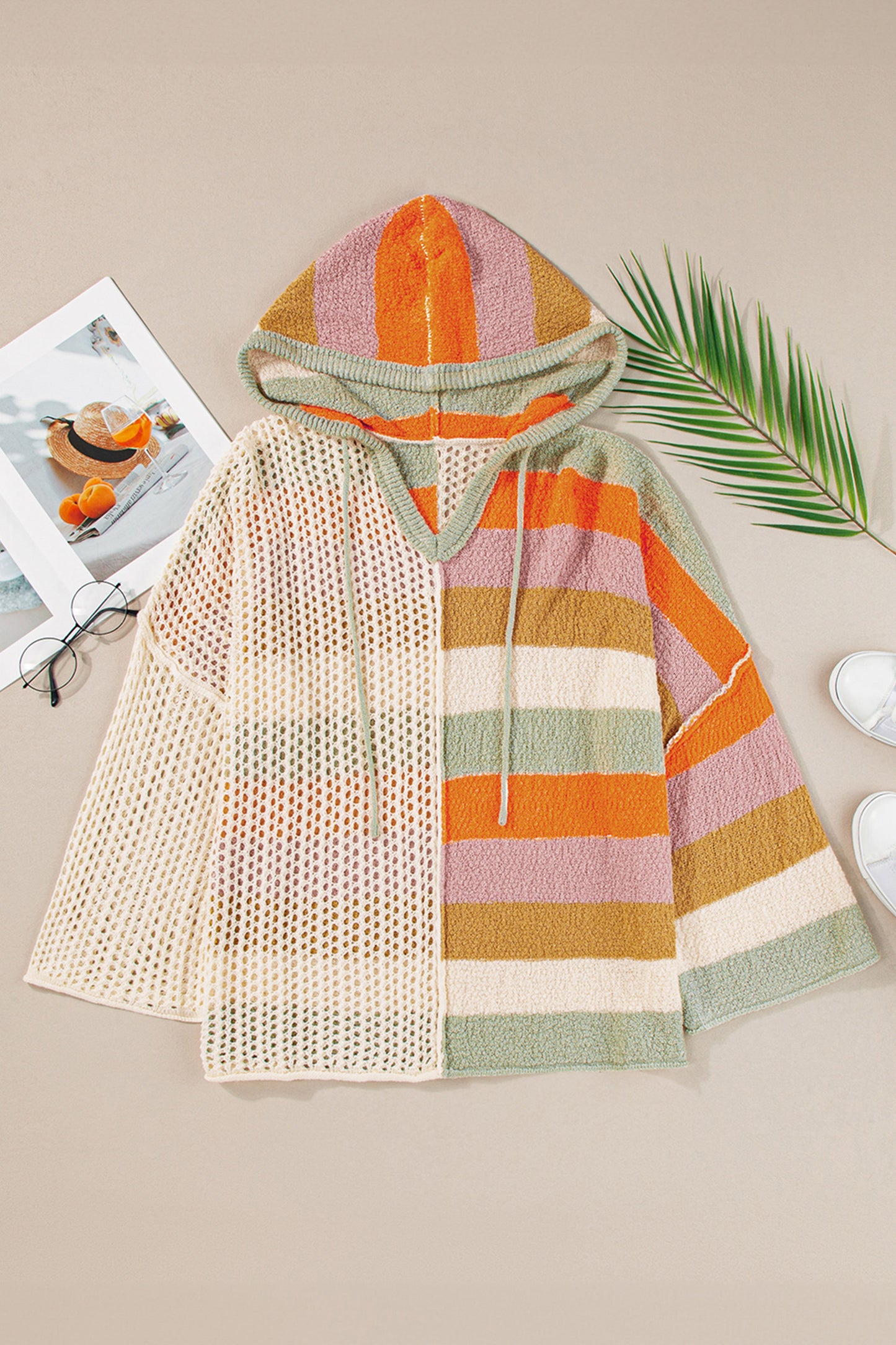 Blue Zone Planet | Beige Oversized Colorblock V Neck Hooded Sweater-Tops / Dresses-[Adult]-[Female]-2022 Online Blue Zone Planet