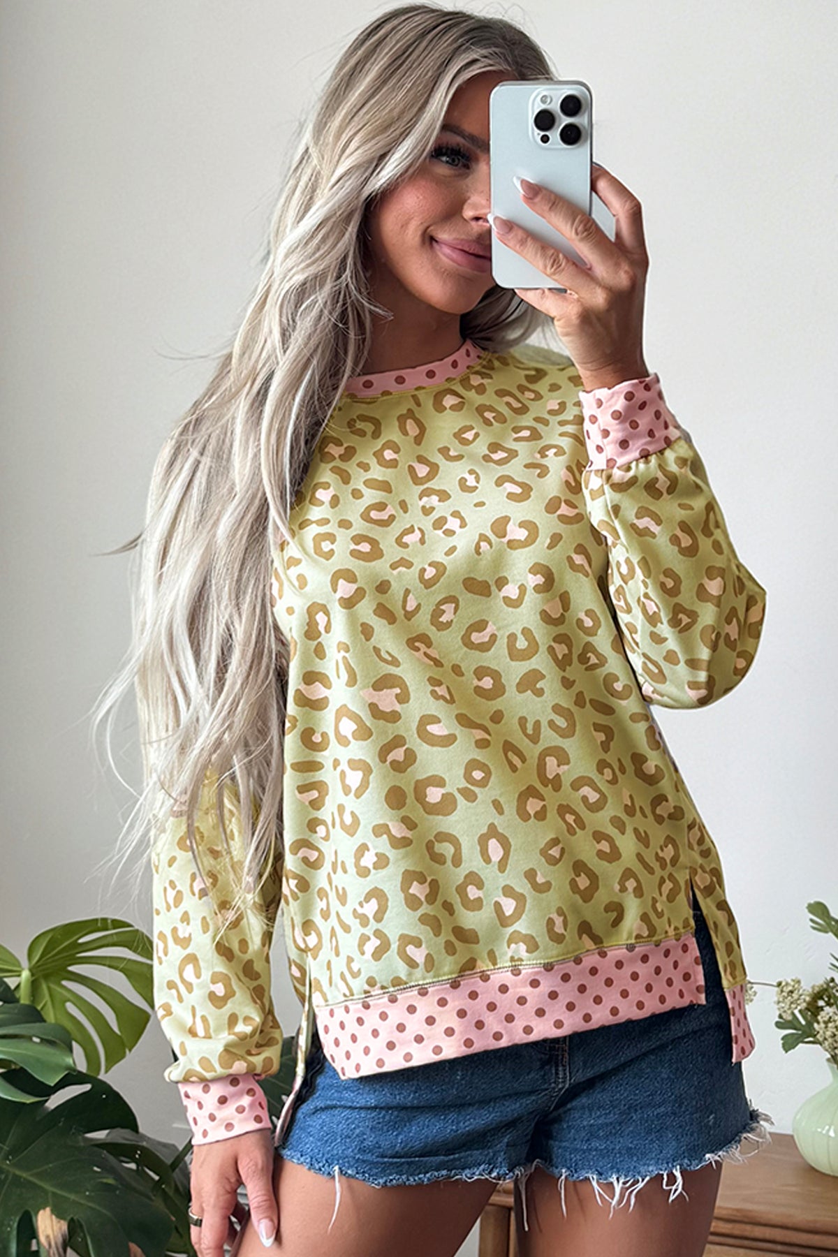 Pink Leopard Polka Dot Colorblock Trim Long Sleeve Top-Tops/Long Sleeve Tops-[Adult]-[Female]-2022 Online Blue Zone Planet