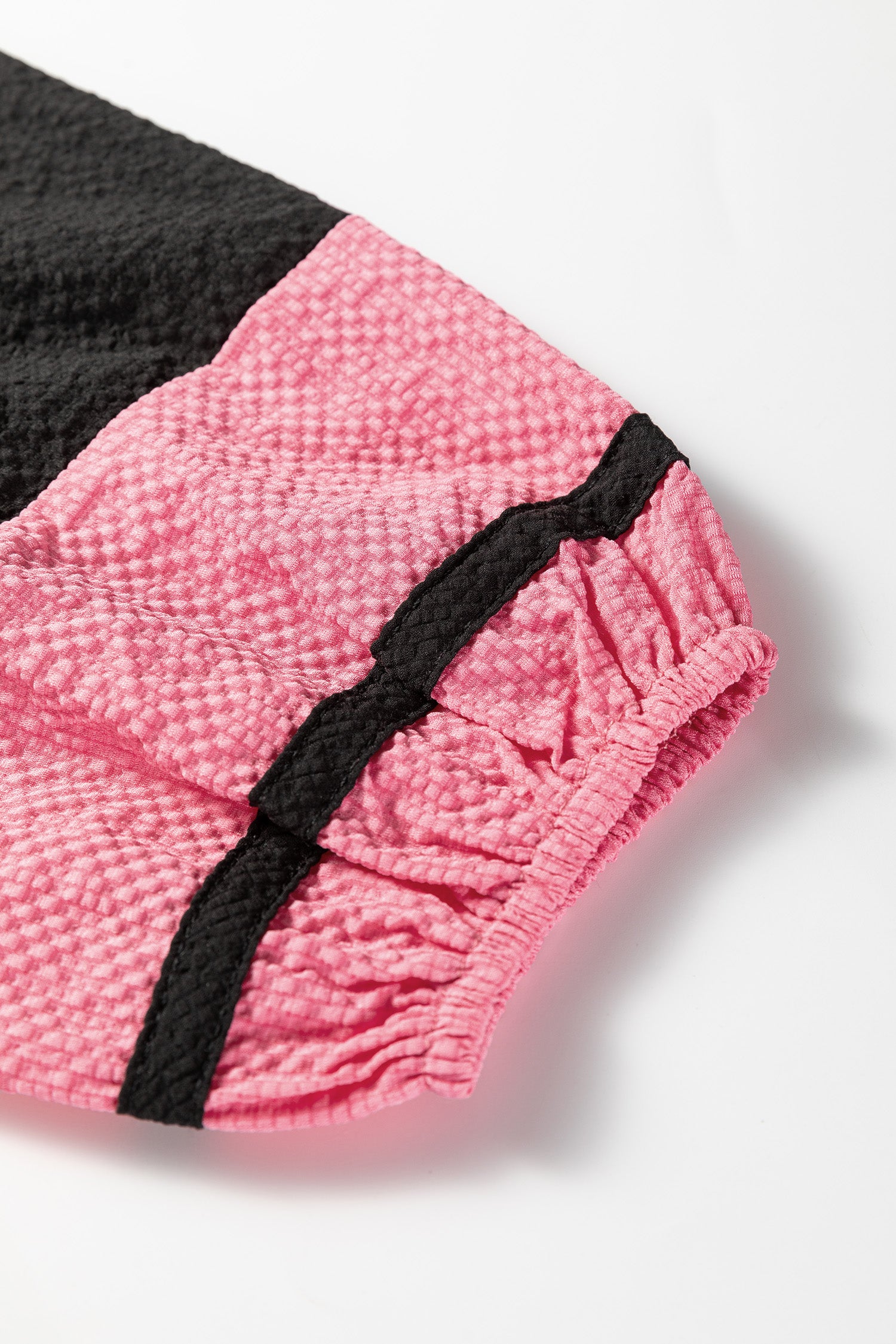 Black Color Block Patchwork Detail V Neck Textured Long Sleeve Blouse-Tops/Blouses & Shirts-[Adult]-[Female]-2022 Online Blue Zone Planet