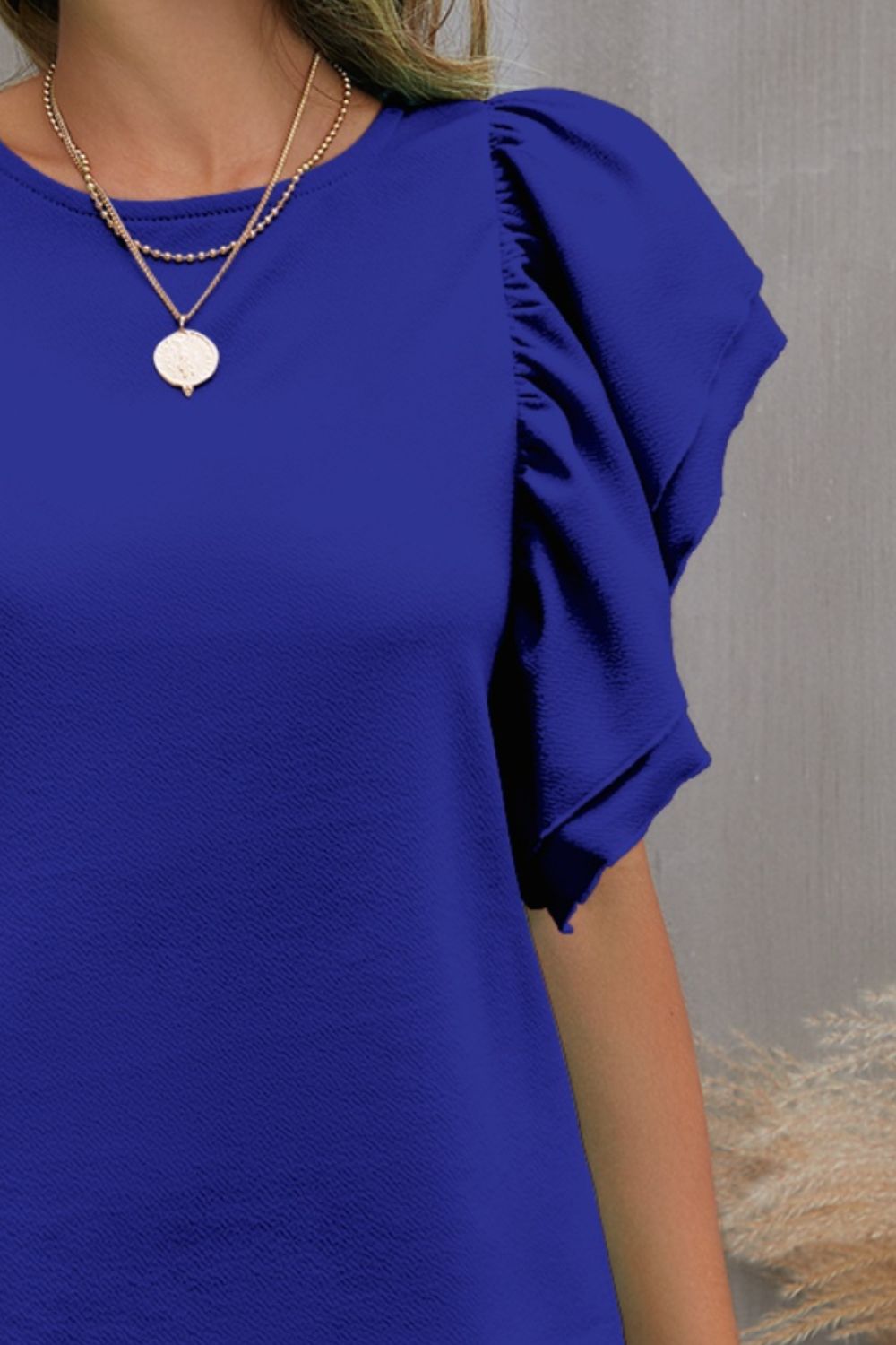 FAM-FAM Round Neck Flounce Sleeve Blouse-TOPS / DRESSES-[Adult]-[Female]-2022 Online Blue Zone Planet