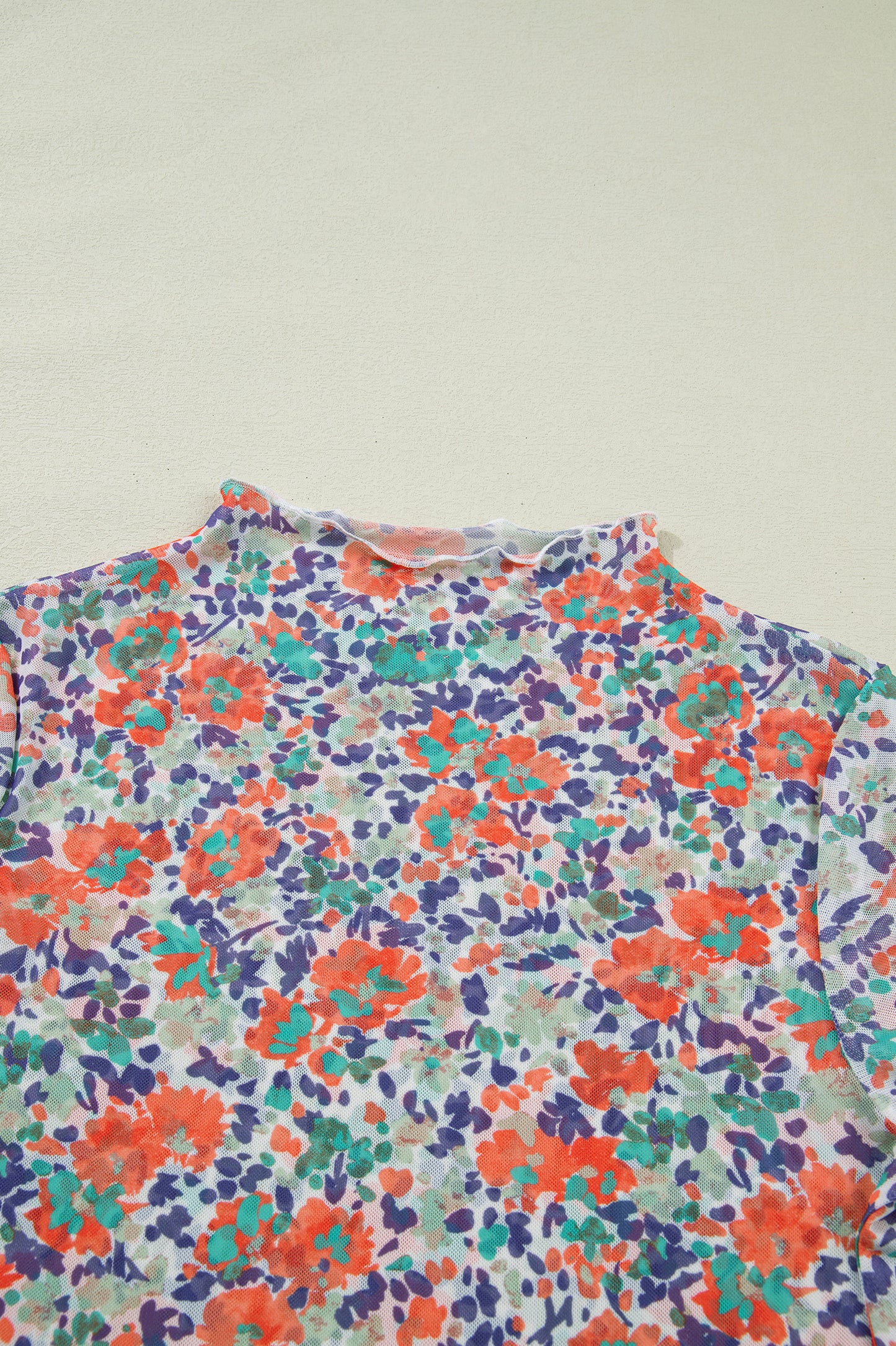 Blue Slim Fit Floral Mesh Long Sleeve Mock Neck Top