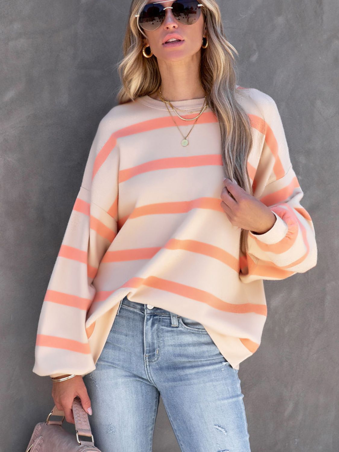 Blue Zone Planet | Striped Round Neck Long Sleeve Sweatshirt-TOPS / DRESSES-[Adult]-[Female]-2022 Online Blue Zone Planet