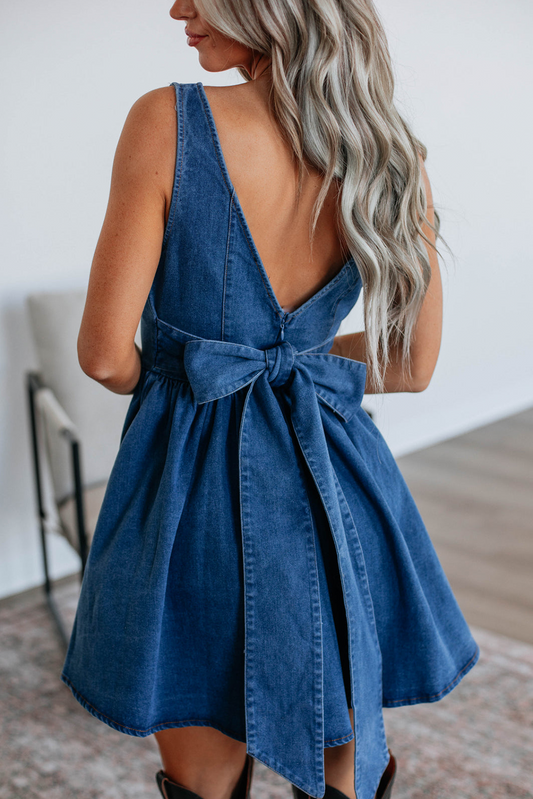 Sail Blue Square Neck Bowknot A-line Sleeveless Denim Dress-TOPS / DRESSES-[Adult]-[Female]-Sail Blue-S-2022 Online Blue Zone Planet
