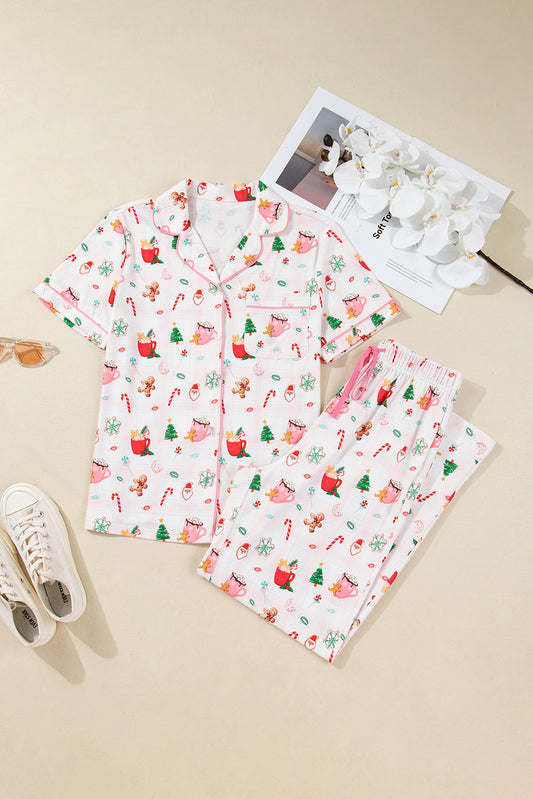 Pink Christmas Spirit Cute Holiday Print Short Sleeve Shirt and Pants 2pcs Pajama Set-Loungewear & Sleepwear/Sleepwear-[Adult]-[Female]-2022 Online Blue Zone Planet
