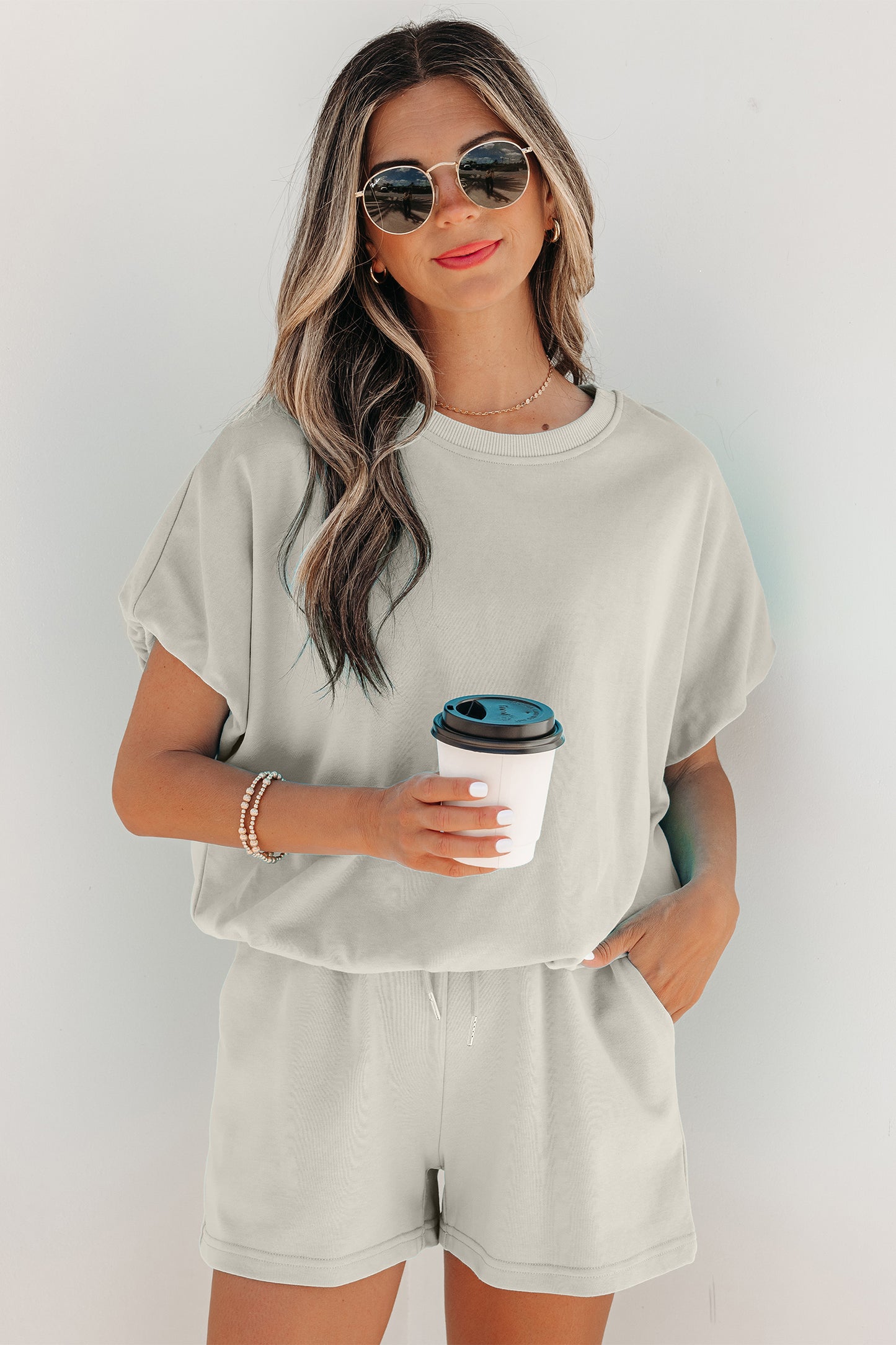 Smoke Gray Solid Color Puffy Loose Top Drawstring Shorts 2pcs Outfit-Two Piece Sets/Short Sets-[Adult]-[Female]-2022 Online Blue Zone Planet