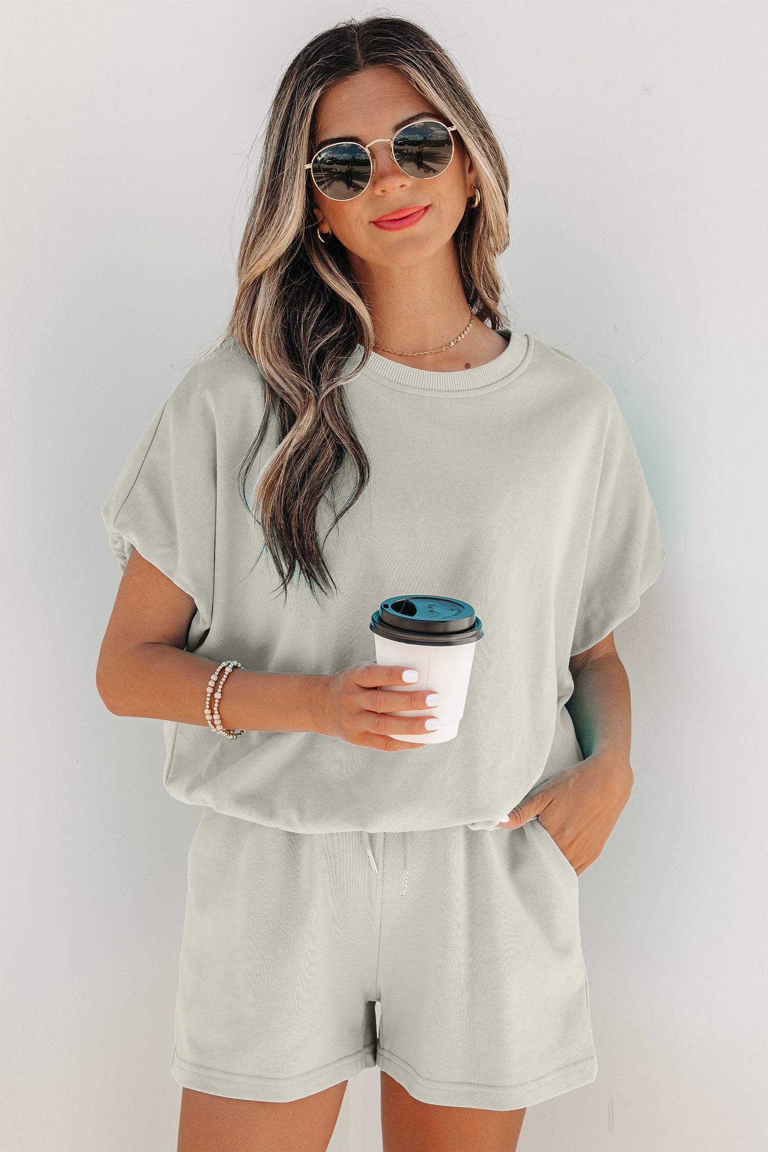 Smoke Gray Solid Color Puffy Loose Top Drawstring Shorts 2pcs Outfit-Two Piece Sets/Short Sets-[Adult]-[Female]-2022 Online Blue Zone Planet