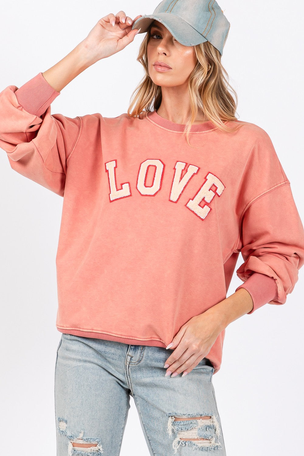 SAGE + FIG LOVE Path Applique Drop Shoulder Sweatshirt-TOPS / DRESSES-[Adult]-[Female]-Pink Orange-S-2022 Online Blue Zone Planet