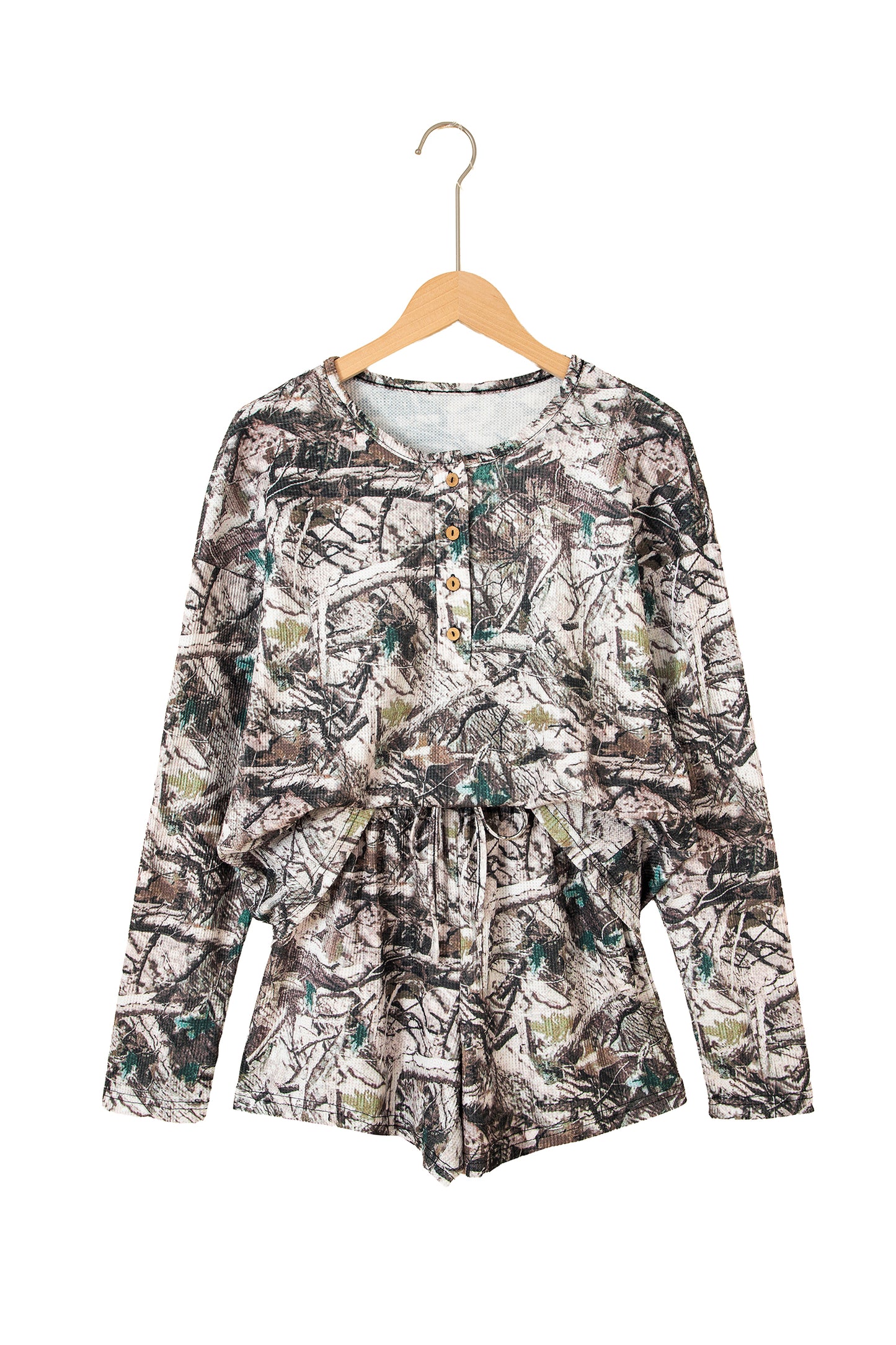 Brown Camo Long Sleeve Top Elastic Waist Shorts Two Piece Set-Two Piece Sets/Short Sets-[Adult]-[Female]-2022 Online Blue Zone Planet