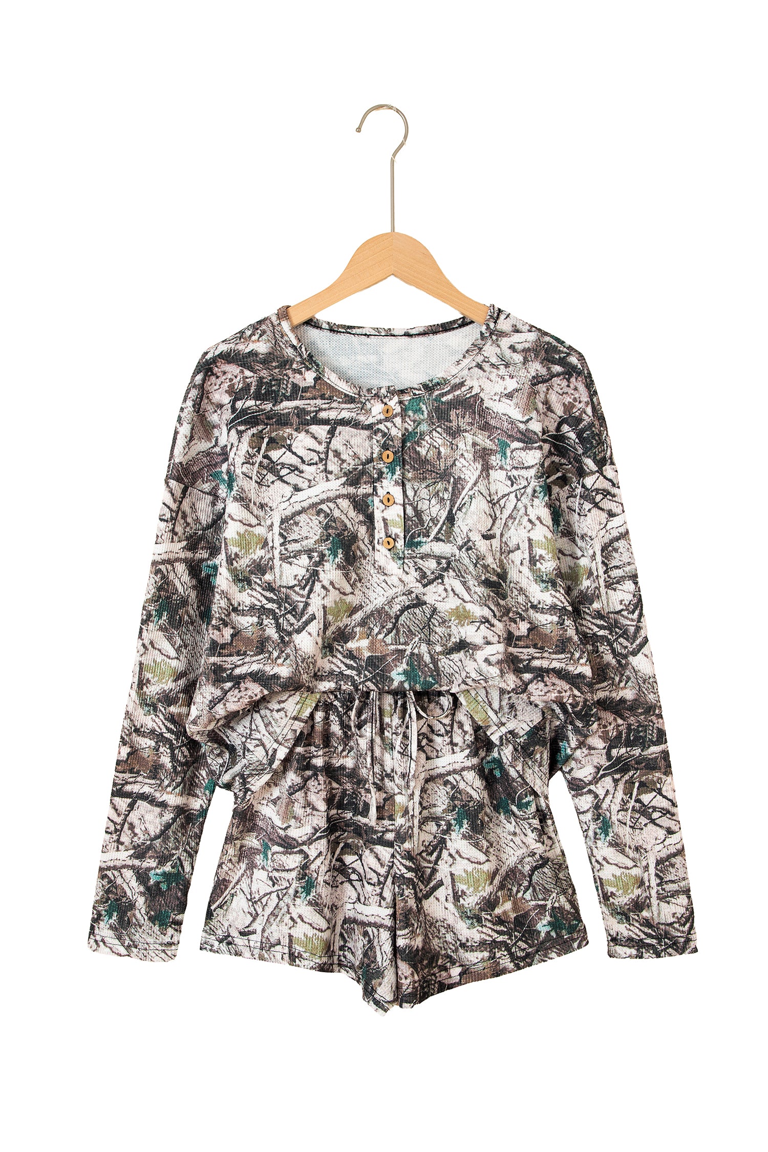 Brown Camo Long Sleeve Top Elastic Waist Shorts Two Piece Set-Two Piece Sets/Short Sets-[Adult]-[Female]-2022 Online Blue Zone Planet