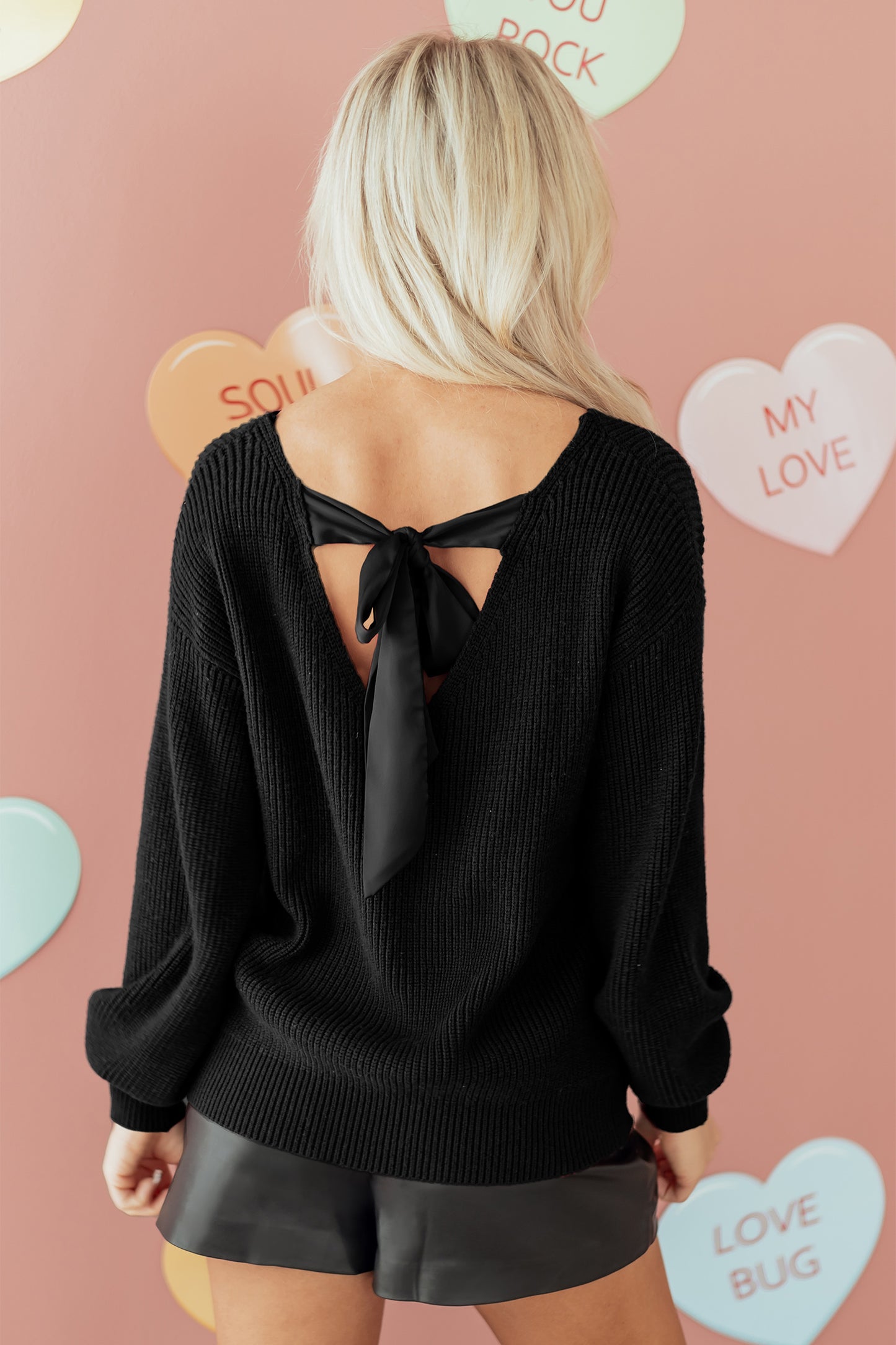Black Ribbed Knit Ribbon Knot Backless Drop Shoulder Sweater-Sweaters & Cardigans/Sweaters-[Adult]-[Female]-2022 Online Blue Zone Planet