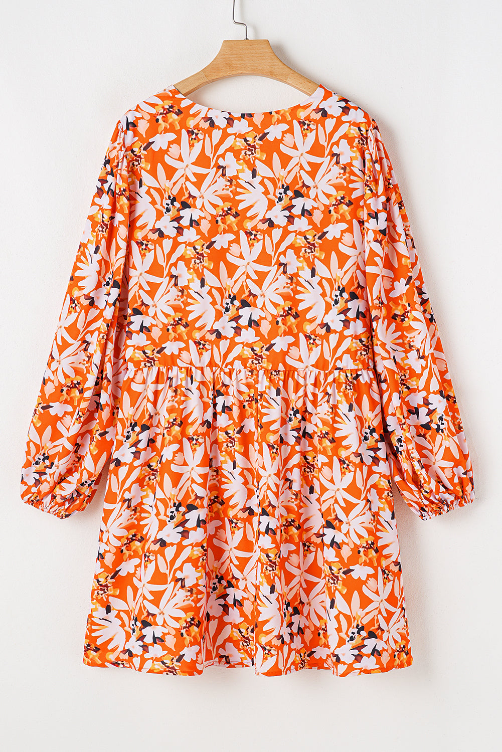 Blue Zone Planet | Orange Floral Print Split V Neck Bubble Sleeve Plus Size Midi Dress-TOPS / DRESSES-[Adult]-[Female]-2022 Online Blue Zone Planet