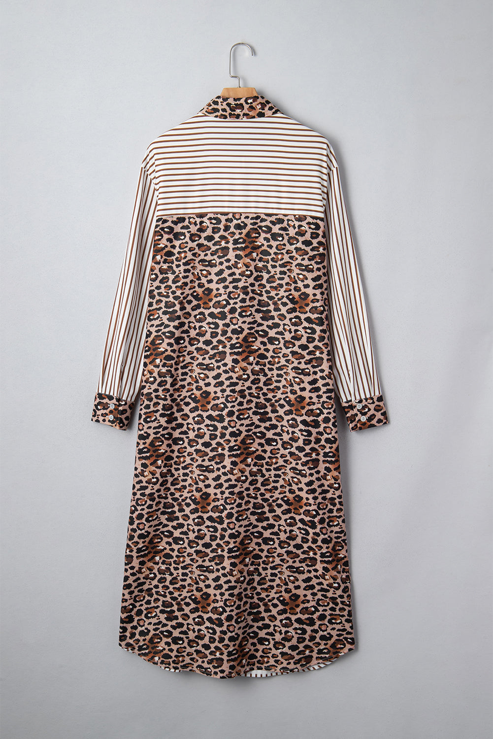 Brown Stripe Contrast Leopard Patchwork Long Shirt Dress with Slits-TOPS / DRESSES-[Adult]-[Female]-2022 Online Blue Zone Planet