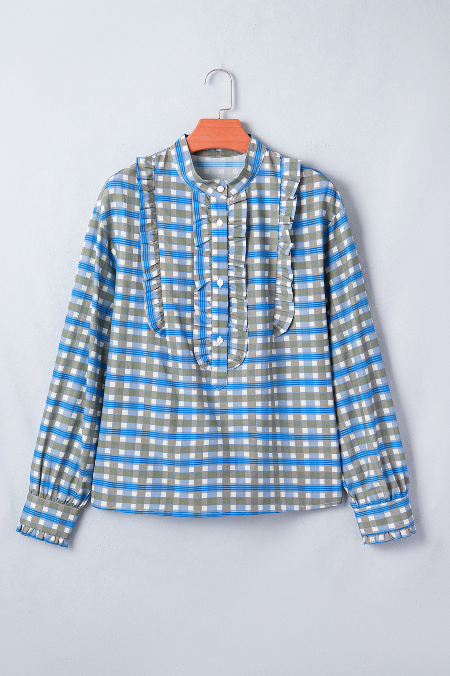 Sky Blue Plaid Long Sleeve Frilled Detail Half Button Blouse-Tops/Blouses & Shirts-[Adult]-[Female]-2022 Online Blue Zone Planet