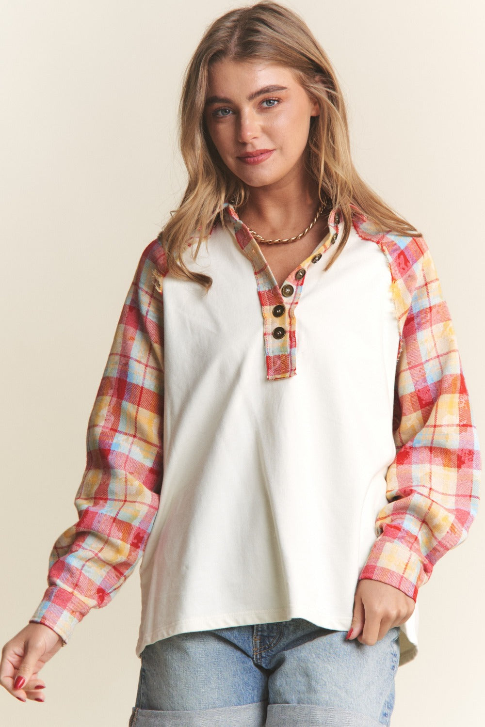 Blue Zone Planet | J.NNA Plaid Contrast Button Down Henley Top-TOPS / DRESSES-[Adult]-[Female]-2022 Online Blue Zone Planet