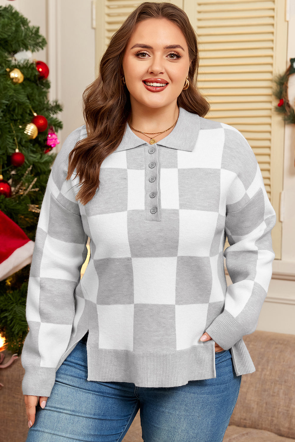 Gray Plus Size Checkered Pattern Button Polo Collar Split Sweater-TOPS / DRESSES-[Adult]-[Female]-2022 Online Blue Zone Planet