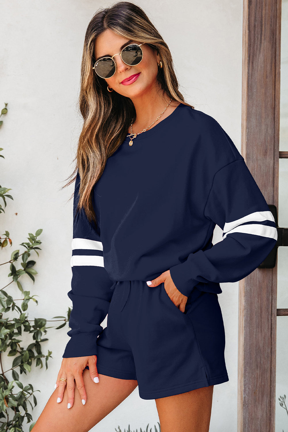 Navy Blue Varsity Striped Sleeve Drop Shoulder Sweatshirt and Short Set-Two Piece Sets/Short Sets-[Adult]-[Female]-2022 Online Blue Zone Planet