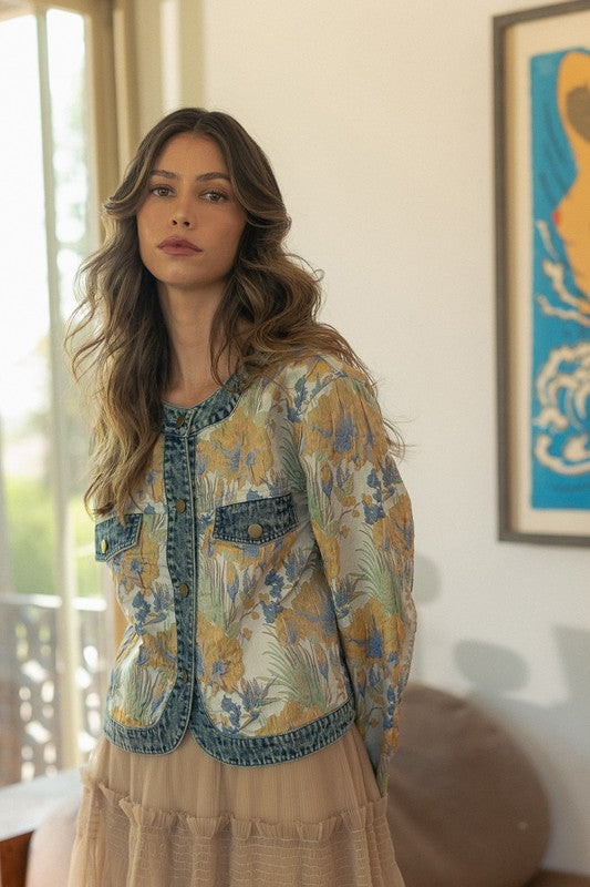 Annie Wear Floral Jacquard Denim Contrast Button Down Jacket-TOPS / DRESSES-[Adult]-[Female]-Gold Combo-S-2022 Online Blue Zone Planet