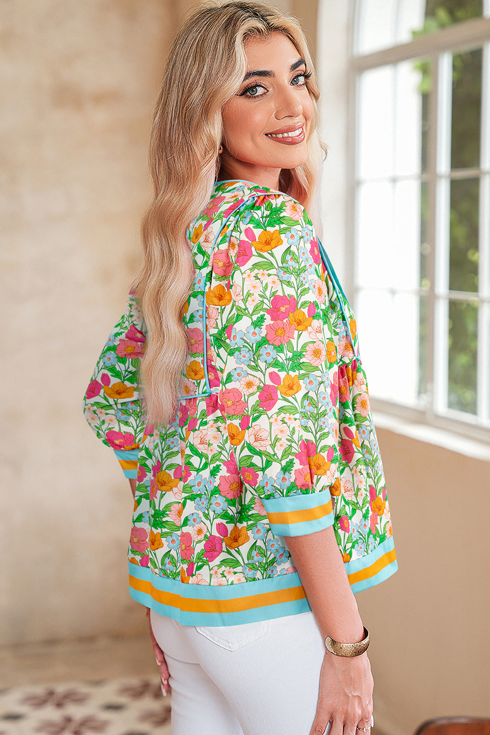 Green Floral Print Striped Trim Tie Neck Puff Sleeve Babydoll Blouse-Tops/Blouses & Shirts-[Adult]-[Female]-2022 Online Blue Zone Planet