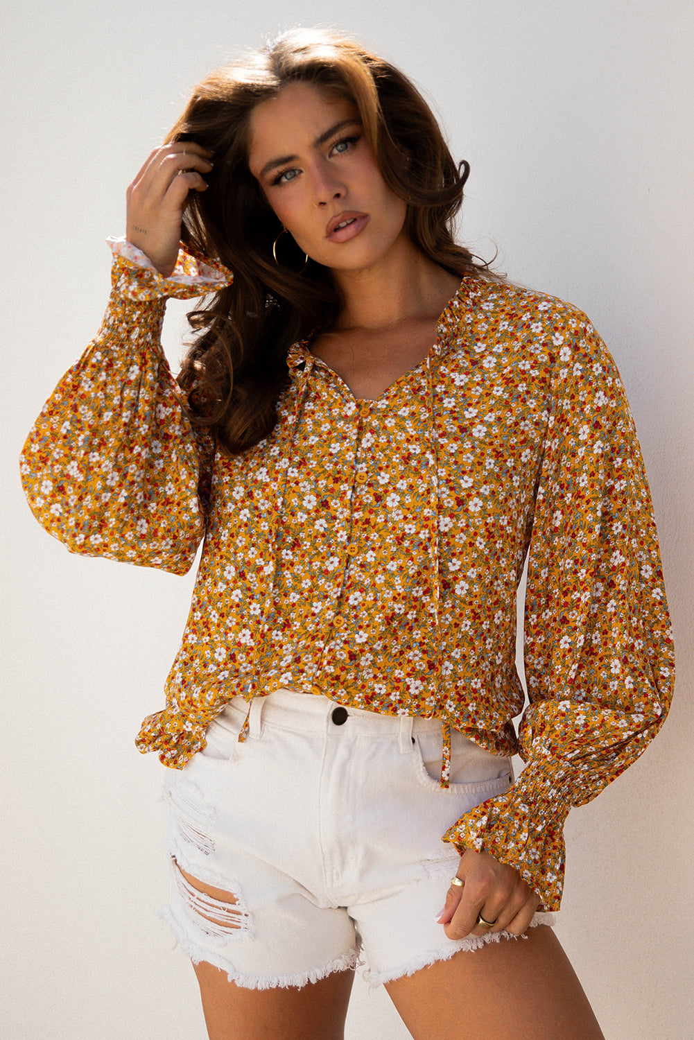 Orange Boho Floral Ruffled Bubble Sleeve V Neck Fall Blouse-Tops/Blouses & Shirts-[Adult]-[Female]-2022 Online Blue Zone Planet