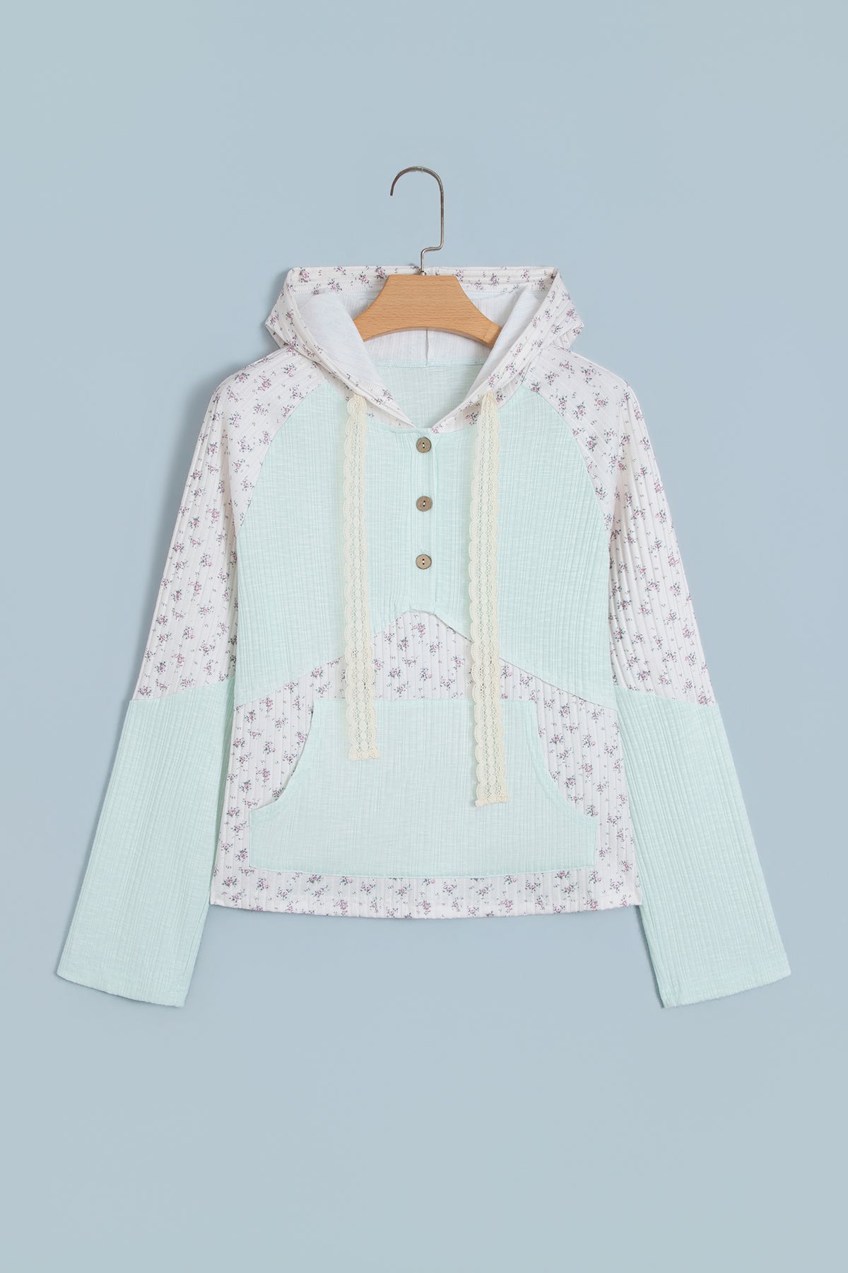 Clearly Aqua Textured Floral Patchwork Button Hooded Long Sleeve Top-Tops / Dresses-[Adult]-[Female]-2022 Online Blue Zone Planet