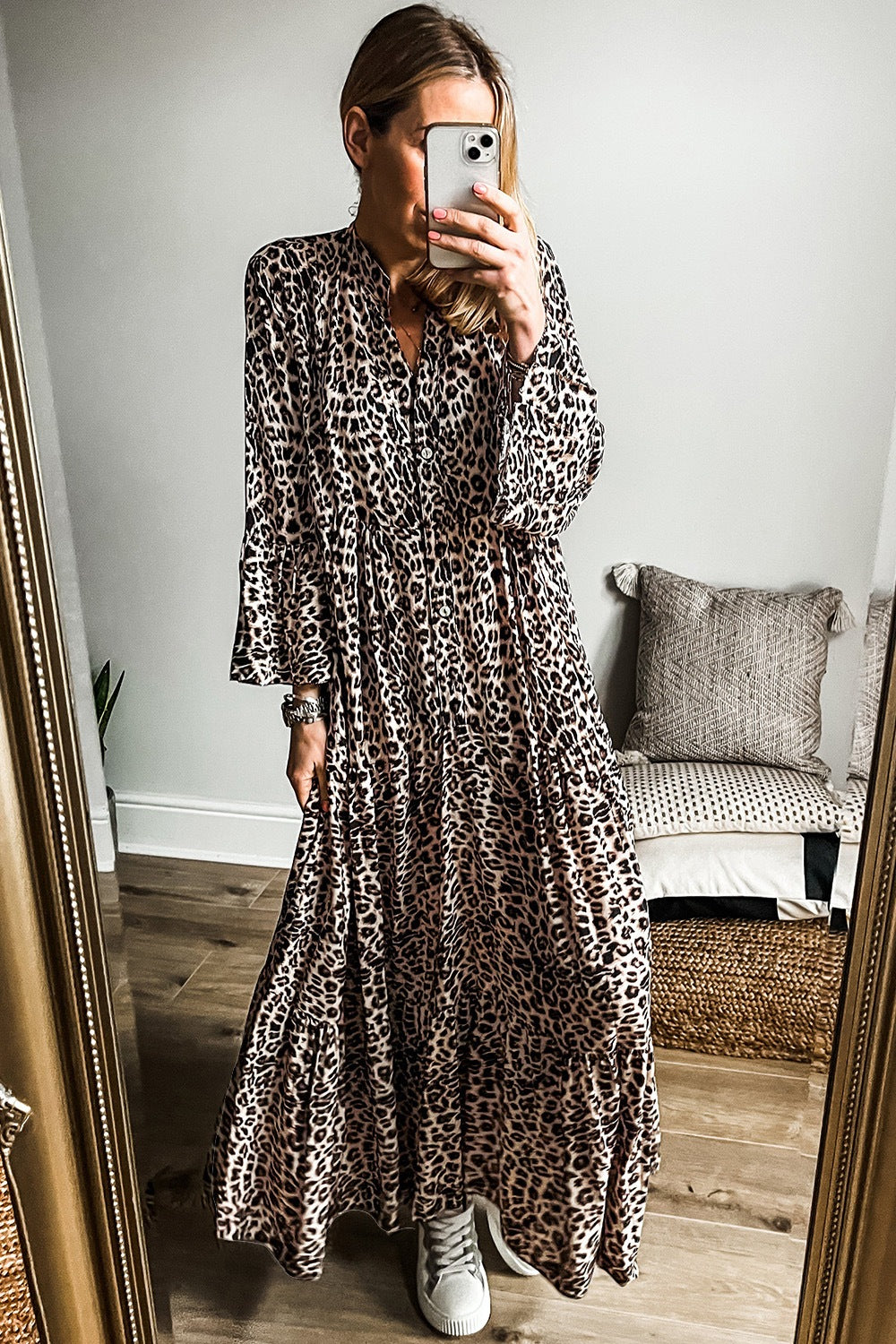 Leopard Notched Long Sleeve Maxi Dress-TOPS / DRESSES-[Adult]-[Female]-2022 Online Blue Zone Planet
