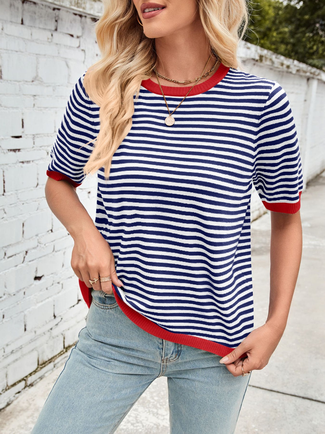 Lovelet Striped Contrast Round Neck Half Sleeve Knit Top-TOPS / DRESSES-[Adult]-[Female]-Peacock Blue-S-2022 Online Blue Zone Planet