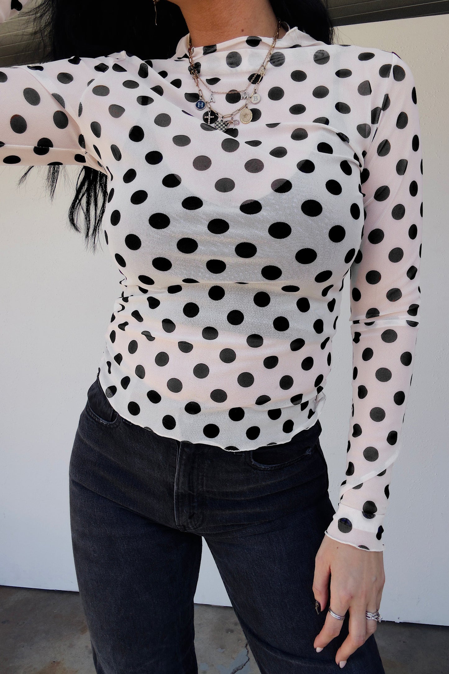 White Polka Dot Sheer Long Sleeve Round Neck Slim Top-Tops/Long Sleeve Tops-[Adult]-[Female]-2022 Online Blue Zone Planet
