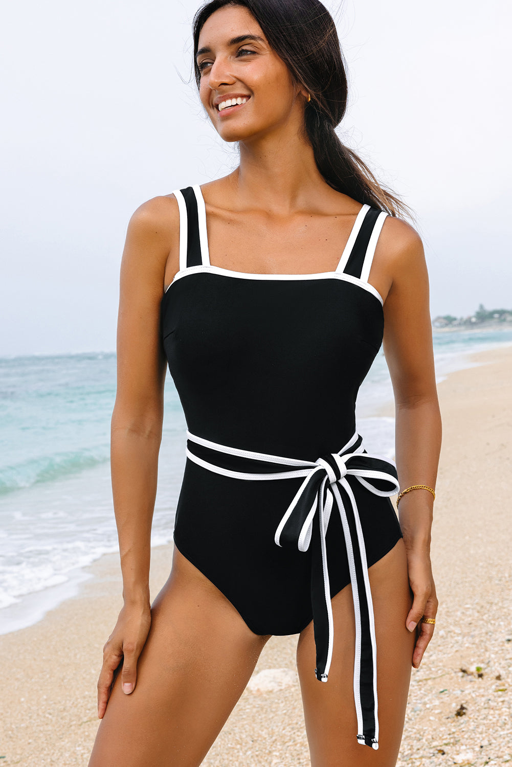 Black Colorblock Edge Belted One Piece Swimsuit-One-Piece-[Adult]-[Female]-2022 Online Blue Zone Planet