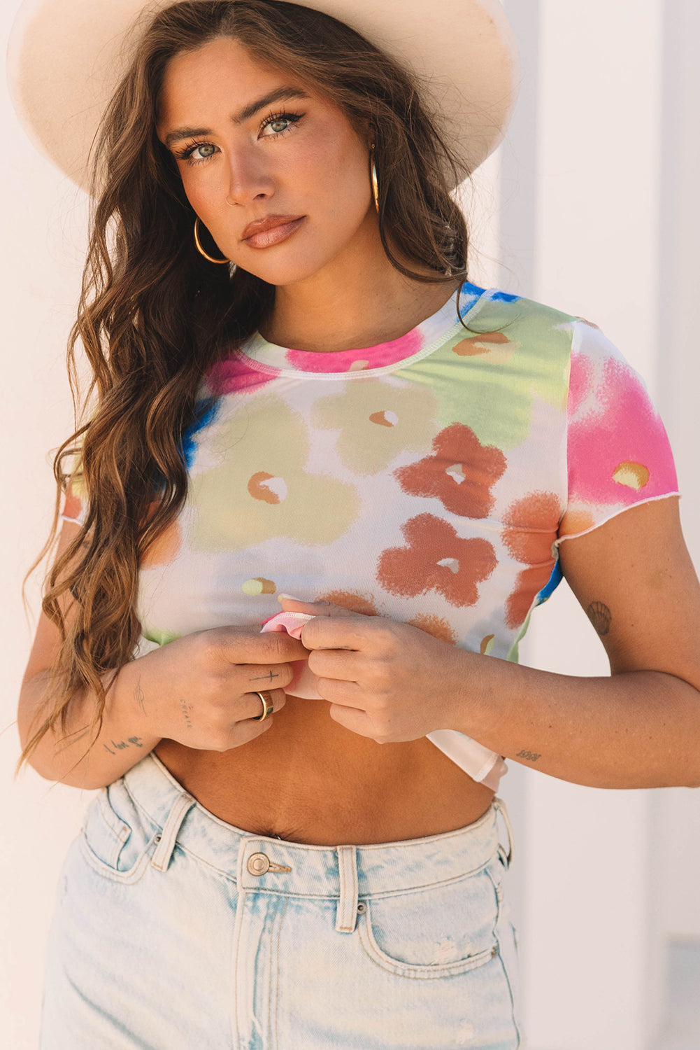 Multicolour Floral Mesh Lettuce Trim Cropped T Shirt-Tops/Tops & Tees-[Adult]-[Female]-2022 Online Blue Zone Planet