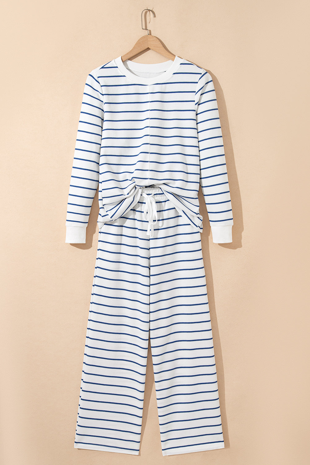 Sail Blue Striped Long Sleeve Top Drawstring Wide Leg Pants 2pcs Outfit-Two Piece Sets/Pant Sets-[Adult]-[Female]-2022 Online Blue Zone Planet