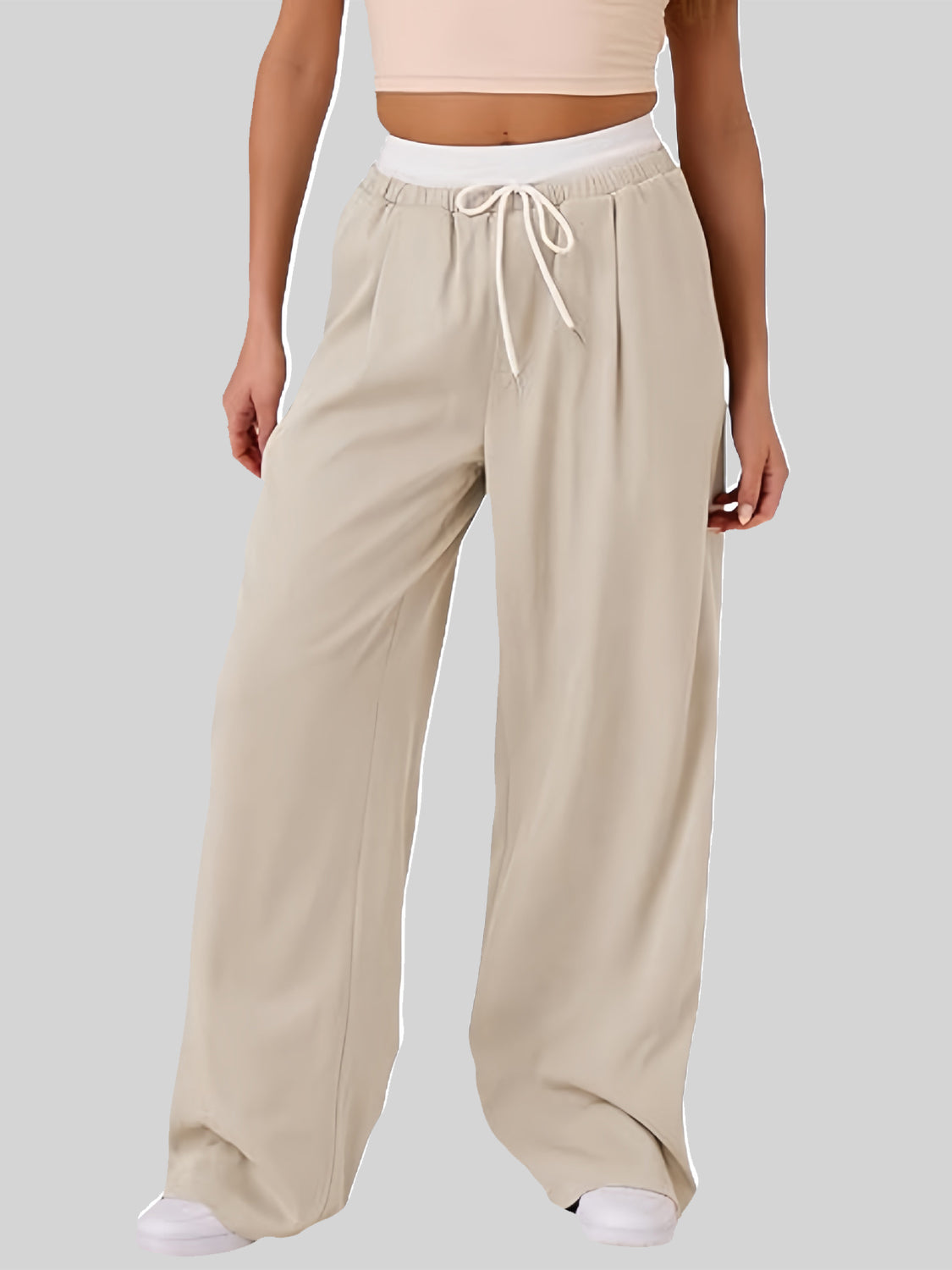 Contrast Waistband Drawstring Wide Leg Pants-BOTTOMS SIZES SMALL MEDIUM LARGE-[Adult]-[Female]-Beige-S-2022 Online Blue Zone Planet