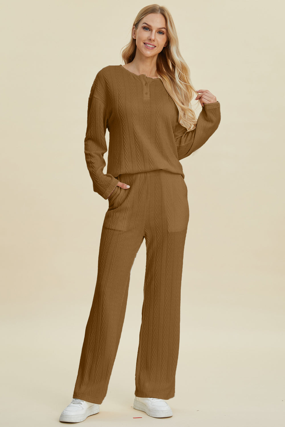 Double Take Full Size Cable-Knit Long Sleeve Top and Pants Set-TOPS / DRESSES-[Adult]-[Female]-2022 Online Blue Zone Planet