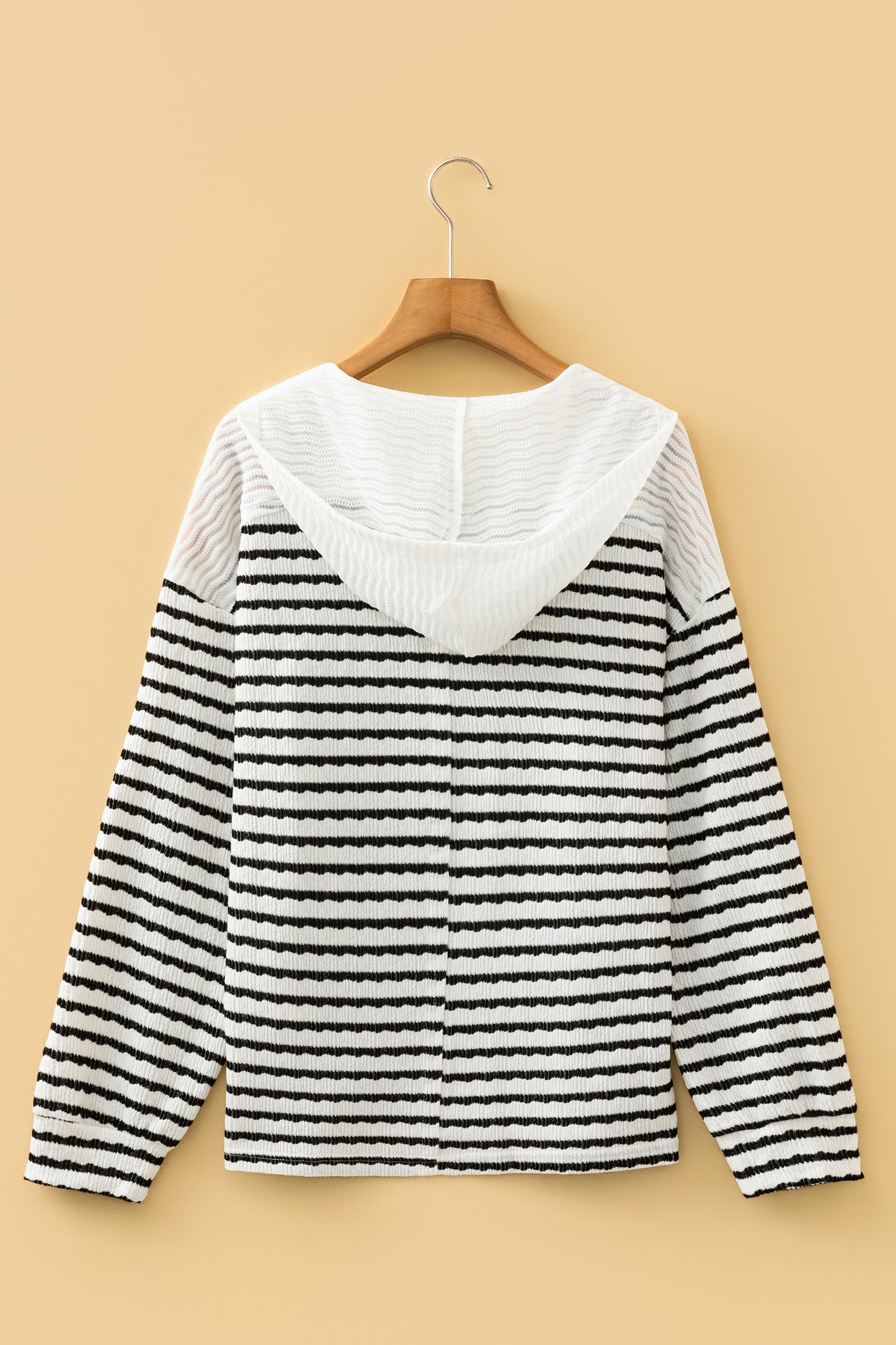 Black Stripe Textured Hooded V Neck Casual Long Sleeve Top-Tops / Dresses-[Adult]-[Female]-2022 Online Blue Zone Planet
