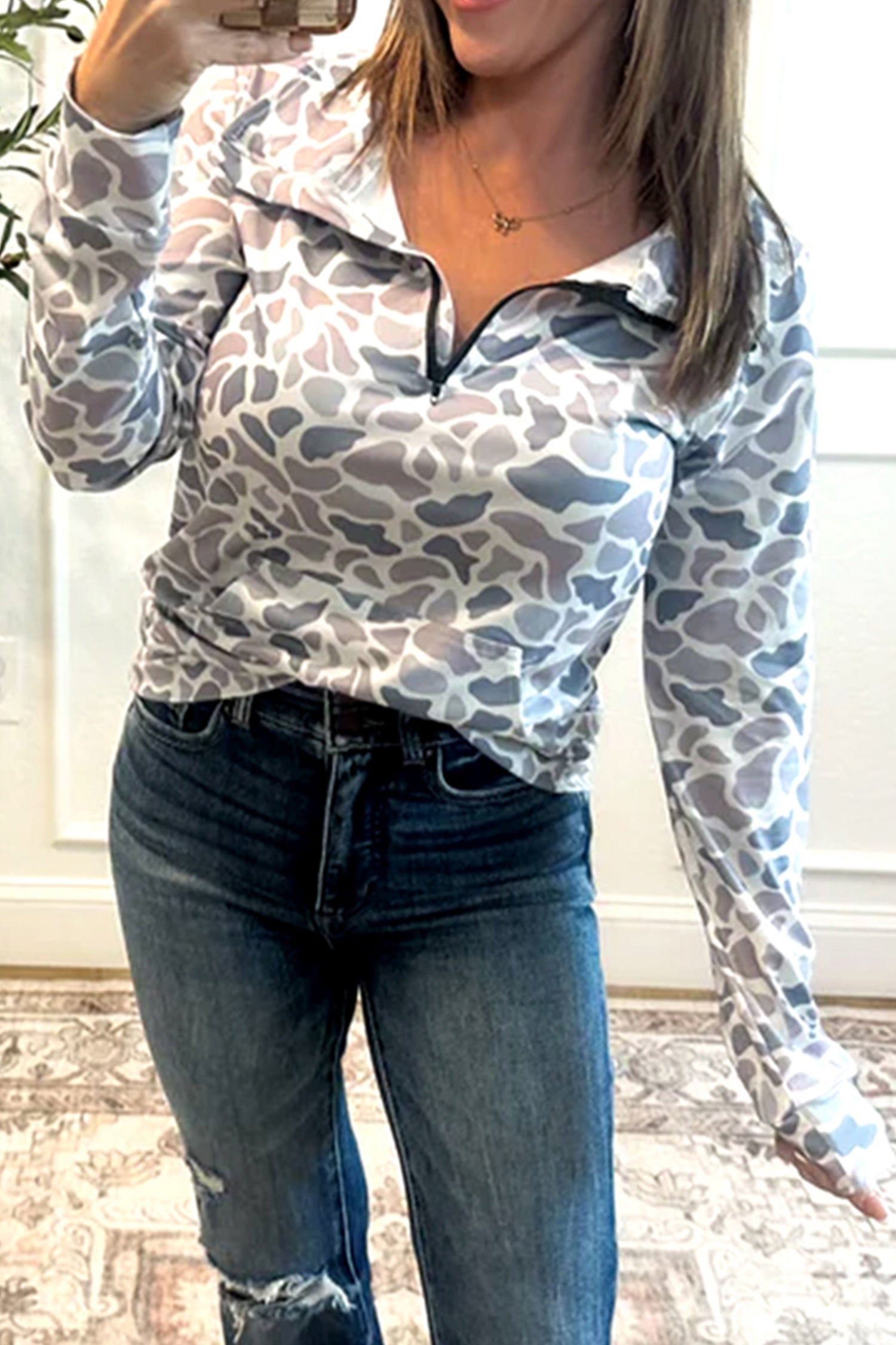 Multicolour Camouflage Print Kangaroo Pocket Zip Collar Pullover Sweatshirt-Tops/Sweatshirts & Hoodies-[Adult]-[Female]-2022 Online Blue Zone Planet