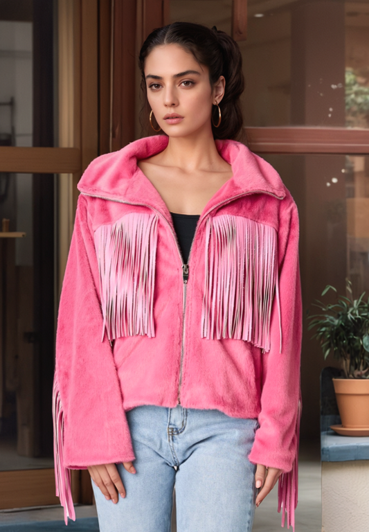 Fringed Zip Up Fleece Jacket-TOPS / DRESSES-[Adult]-[Female]-Hot Pink-S-2022 Online Blue Zone Planet