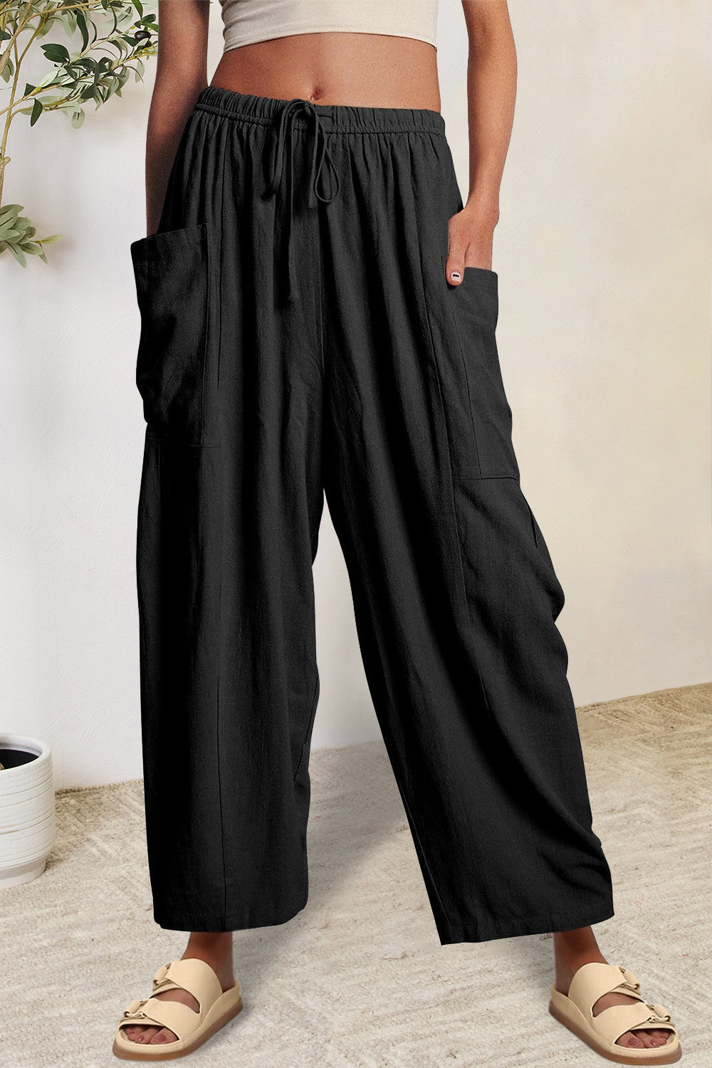 Full Size Pocketed Drawstring Wide Leg Pants-BOTTOMS SIZES SMALL MEDIUM LARGE-[Adult]-[Female]-Black-S-2022 Online Blue Zone Planet