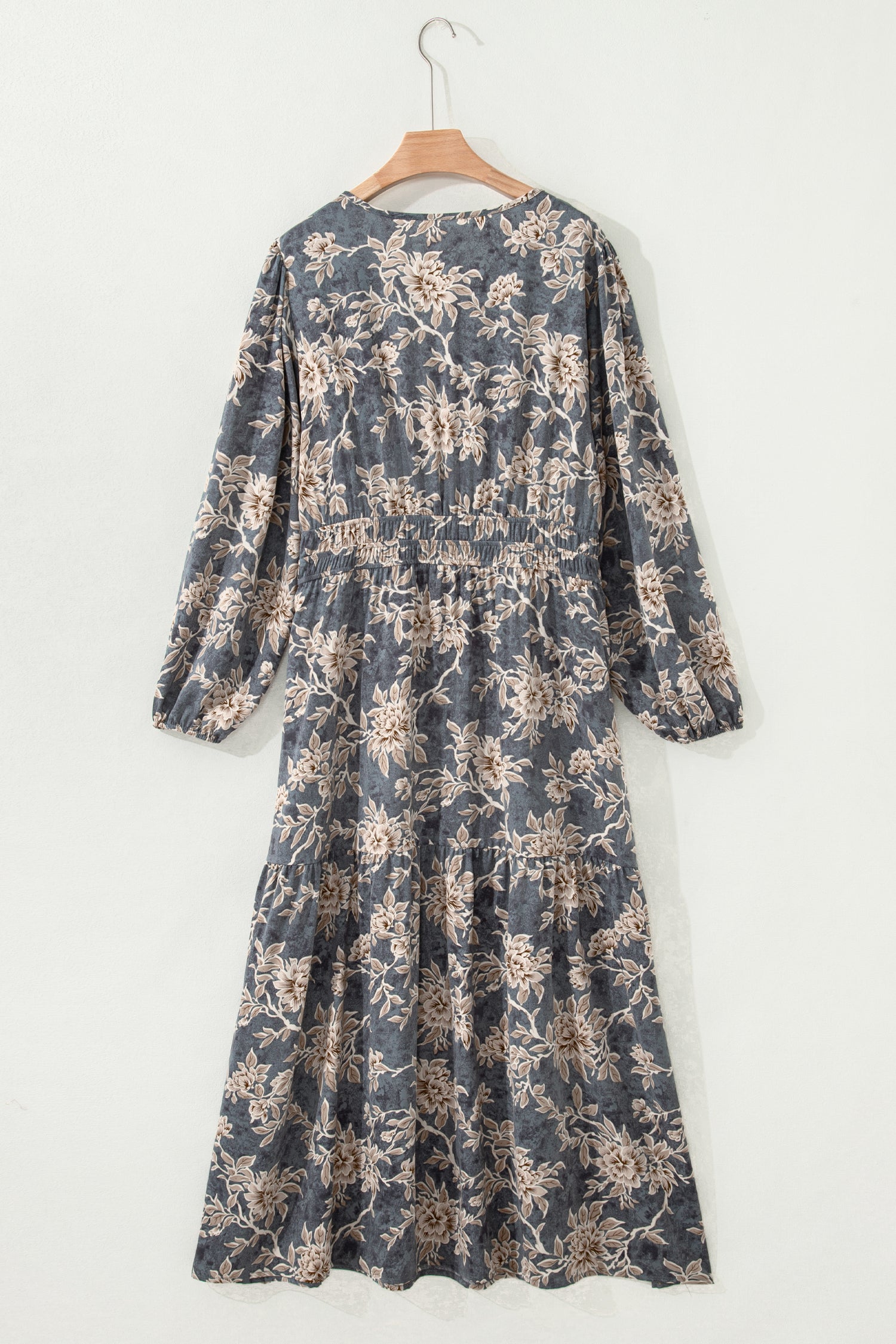 Sky Blue Plus Size Floral Print Split Neck Shirred High Waist Long Sleeve Maxi Dress-TOPS / DRESSES-[Adult]-[Female]-2022 Online Blue Zone Planet