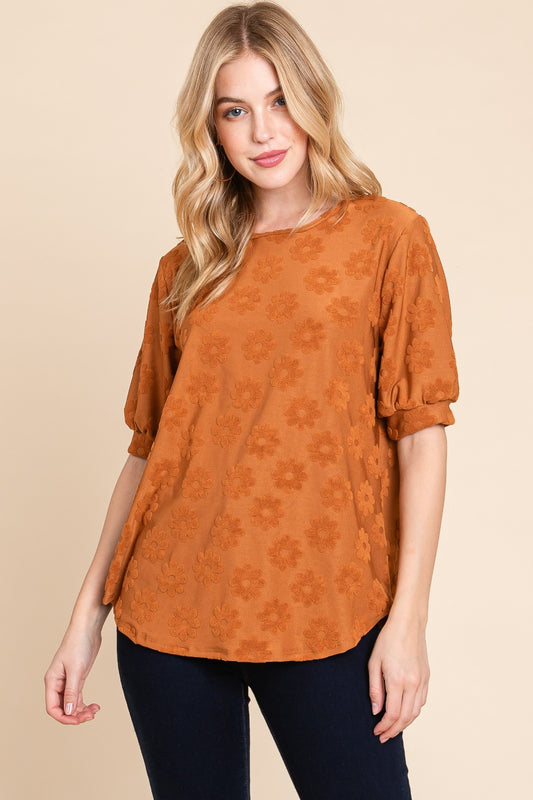 Blue Zone Planet | BOMBOM Textured Floral Pattern Top-TOPS / DRESSES-[Adult]-[Female]-Camel-S-2022 Online Blue Zone Planet