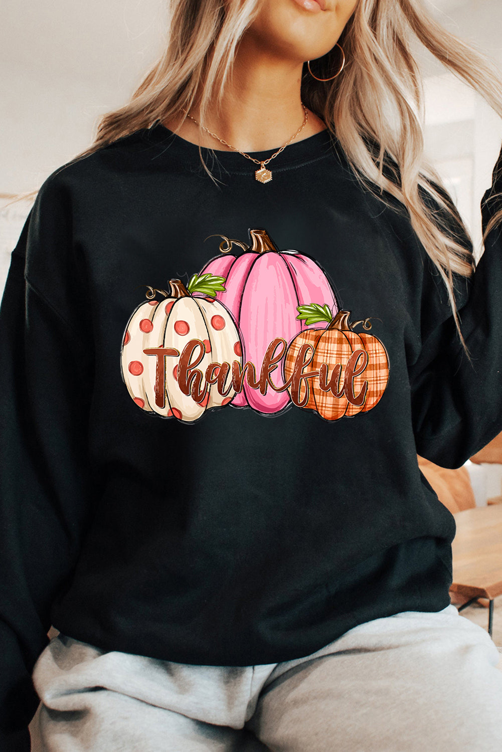 Black Pumpkin Thankful Drop Shoulder Thanksgiving Pullover Sweatshirt-Graphic/Graphic Sweatshirts-[Adult]-[Female]-2022 Online Blue Zone Planet