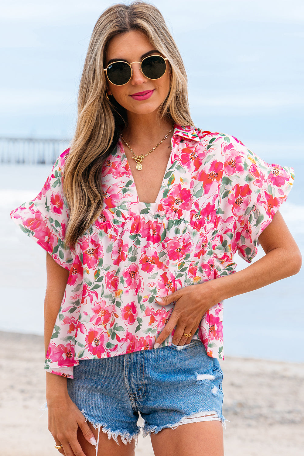 Pink Floral Boxy Fit Ruffled Short Sleeve V Neck Blouse-Tops/Blouses & Shirts-[Adult]-[Female]-Pink-S-2022 Online Blue Zone Planet