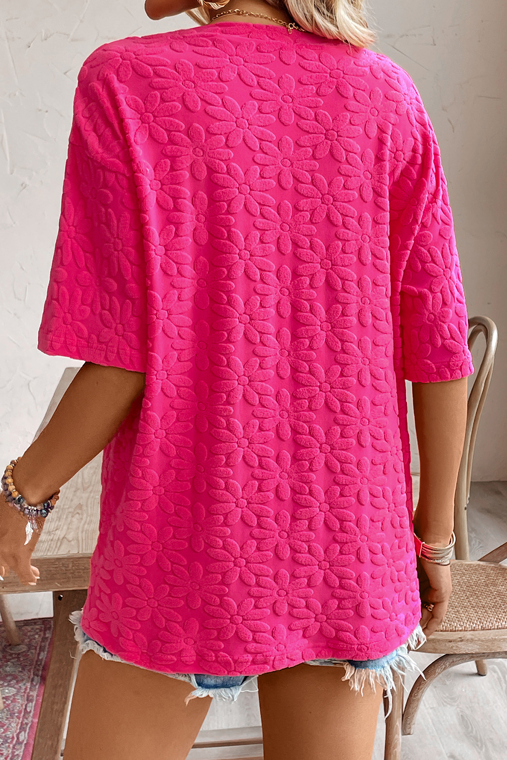 Rose Red Daisy Flower Jacquard Half Sleeve T Shirt-Tops/Tops & Tees-[Adult]-[Female]-2022 Online Blue Zone Planet