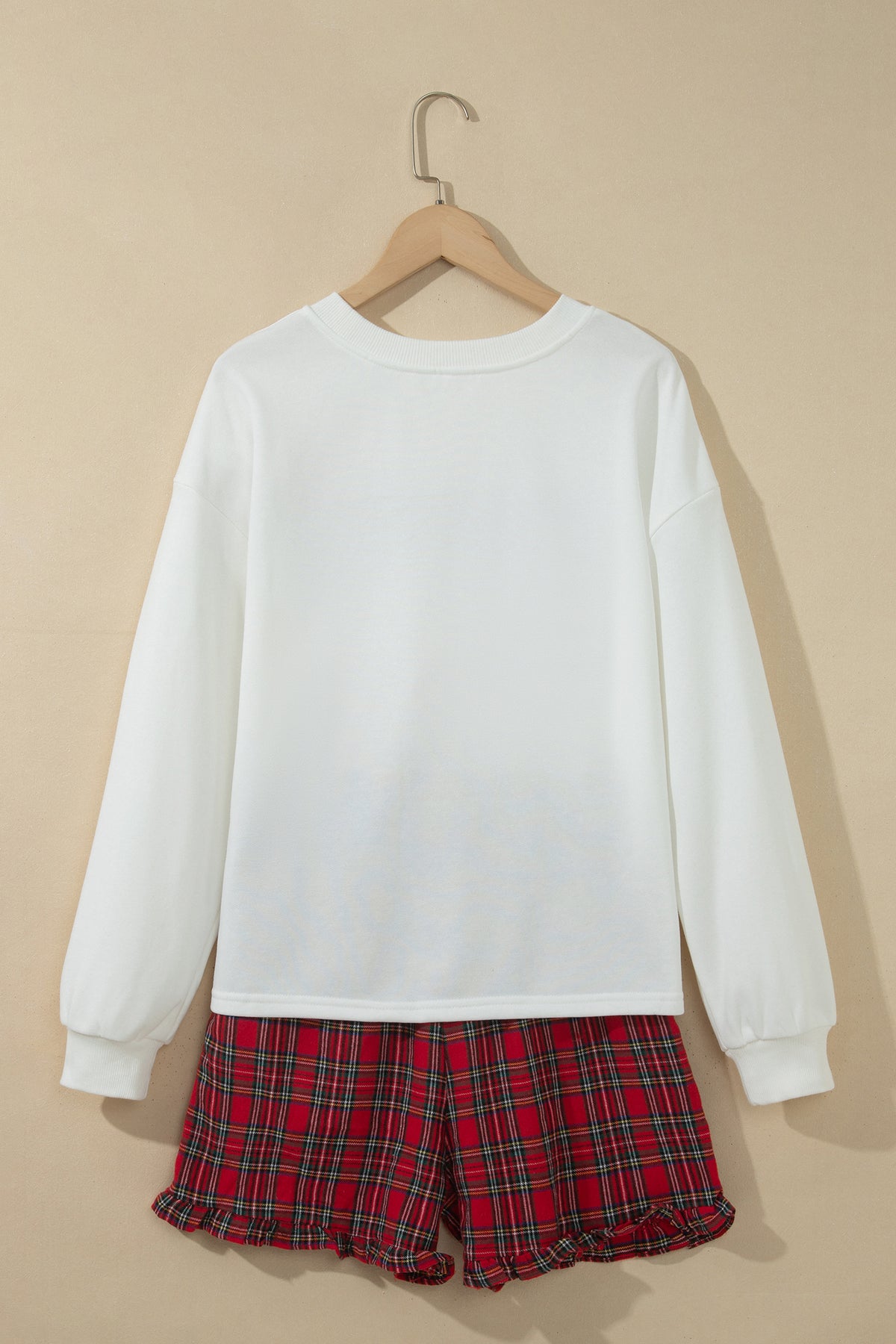 White Plaid Merry Slogan Embroidered Pocket Long Sleeve Shift Lounge Set-Loungewear & Sleepwear/Loungewear-[Adult]-[Female]-2022 Online Blue Zone Planet
