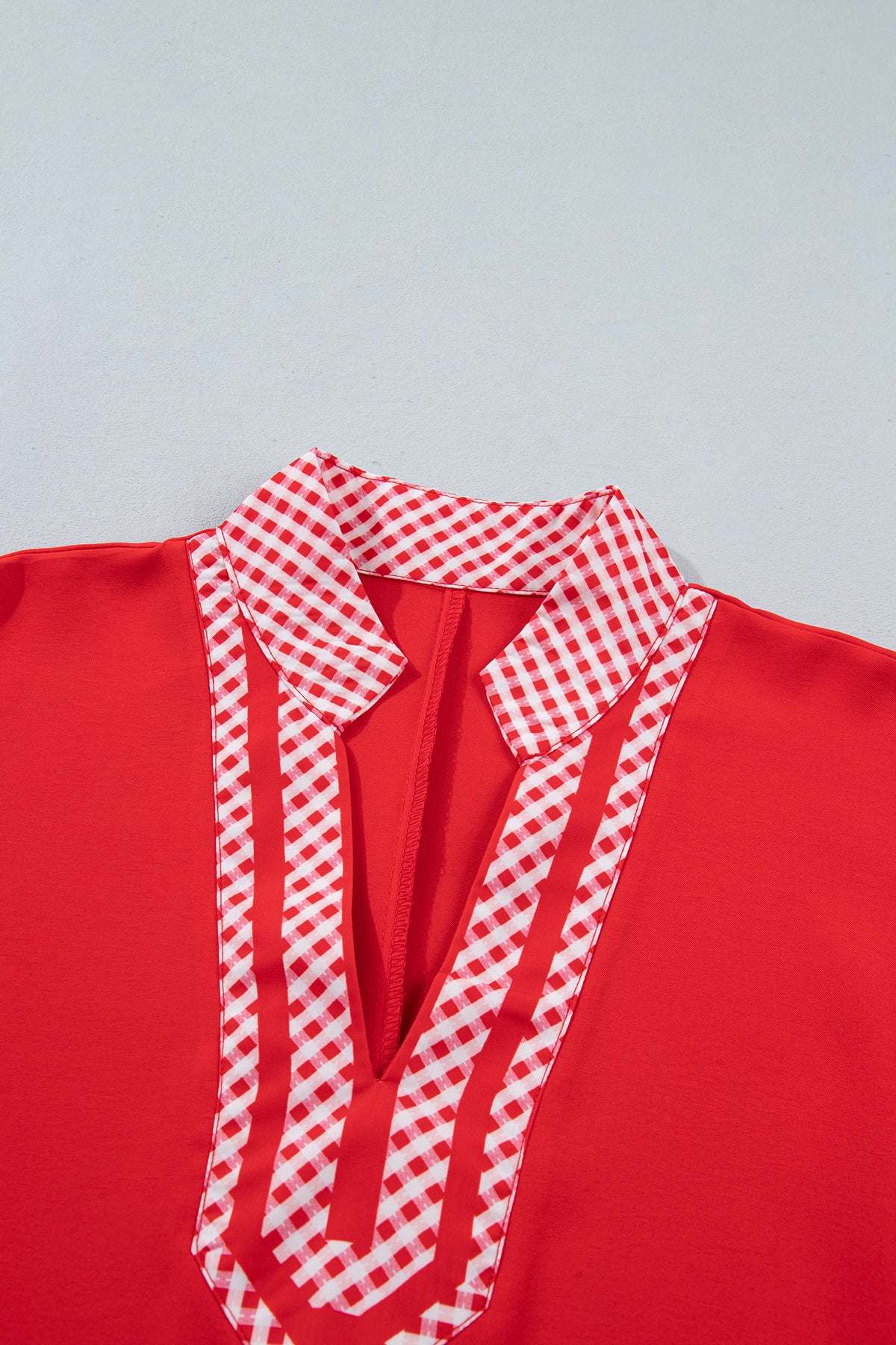 Red V Neck Plaid Collar Short Sleeve Tunic Blouse-Tops/Blouses & Shirts-[Adult]-[Female]-2022 Online Blue Zone Planet