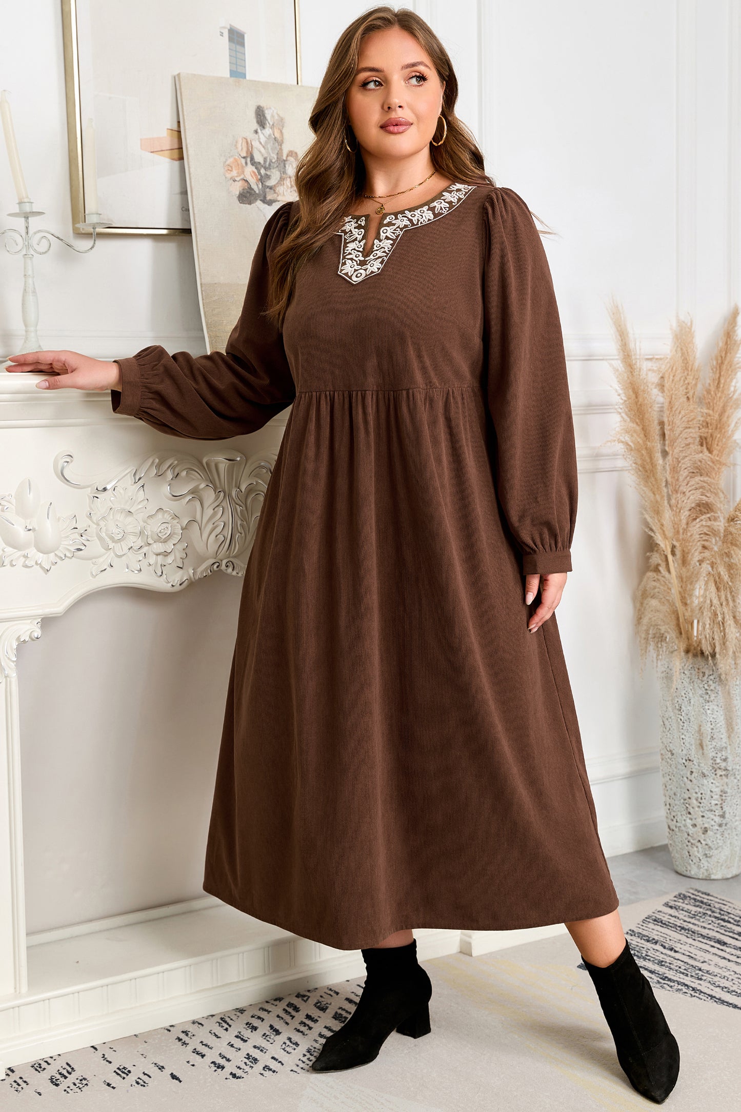 Coffee Embroidered Notched Neckline Textured Pleated High Waist Plus Size Midi Dress-TOPS / DRESSES-[Adult]-[Female]-2022 Online Blue Zone Planet