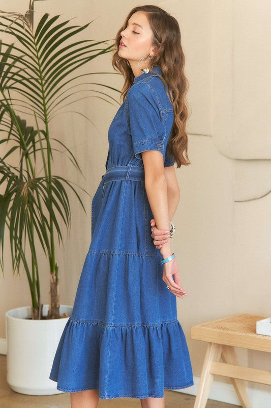 ADORA Tiered Button Down Tie Waist Short Sleeve Denim Dress-TOPS / DRESSES-[Adult]-[Female]-2022 Online Blue Zone Planet
